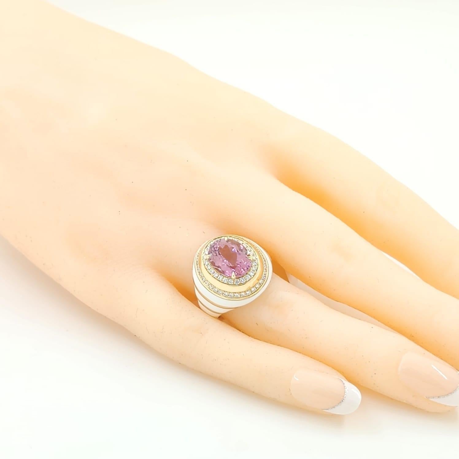 Pink Tourmaline Diamond Enamel Cocktail Ring in 14 Karat Yellow Gold For Sale 1