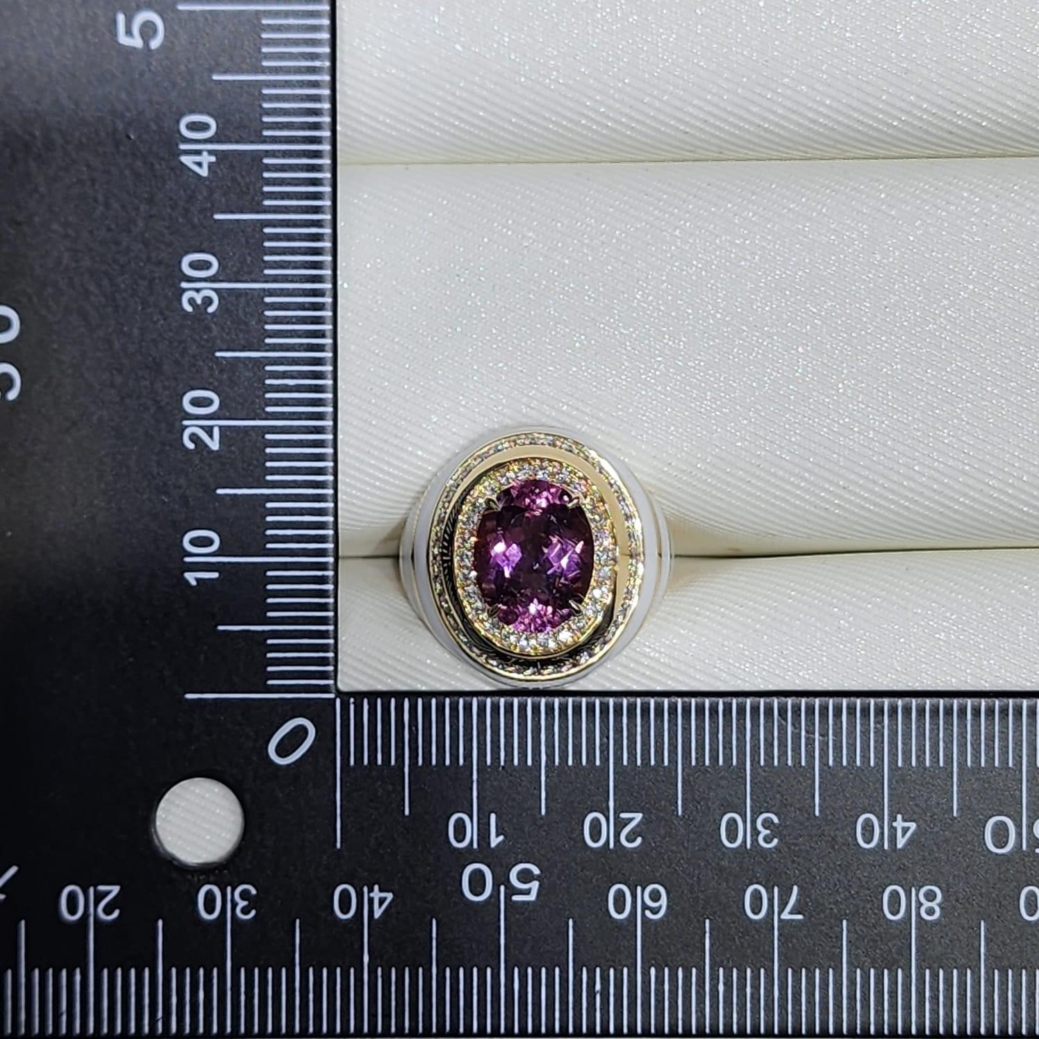 Pink Tourmaline Diamond Enamel Cocktail Ring in 14 Karat Yellow Gold For Sale 2