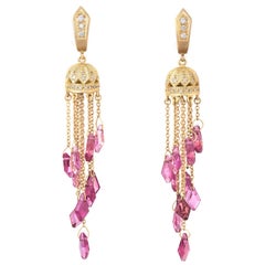 Pink Tourmaline Diamond Fringe Earrings Estate 18 Karat Yellow Gold