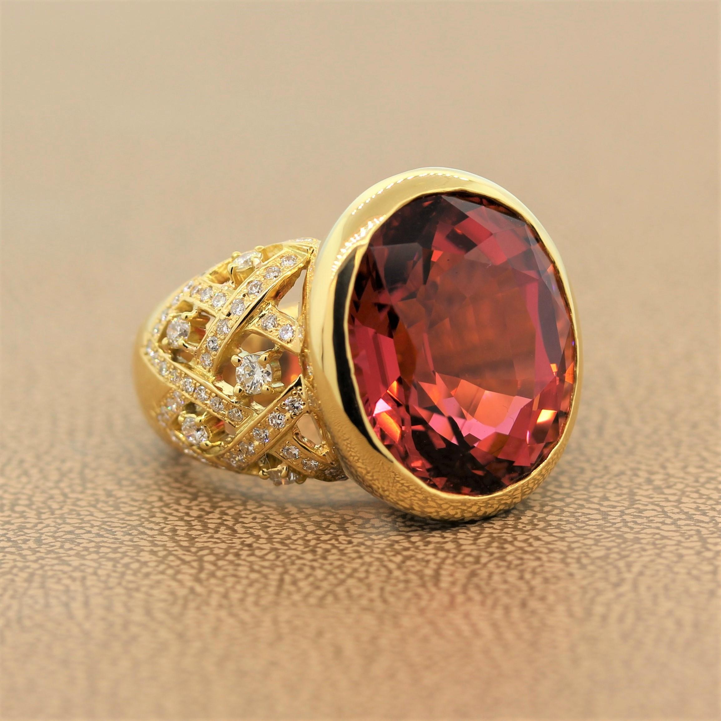 Oval Cut Pink Tourmaline Diamond Gold Cocktail Ring For Sale