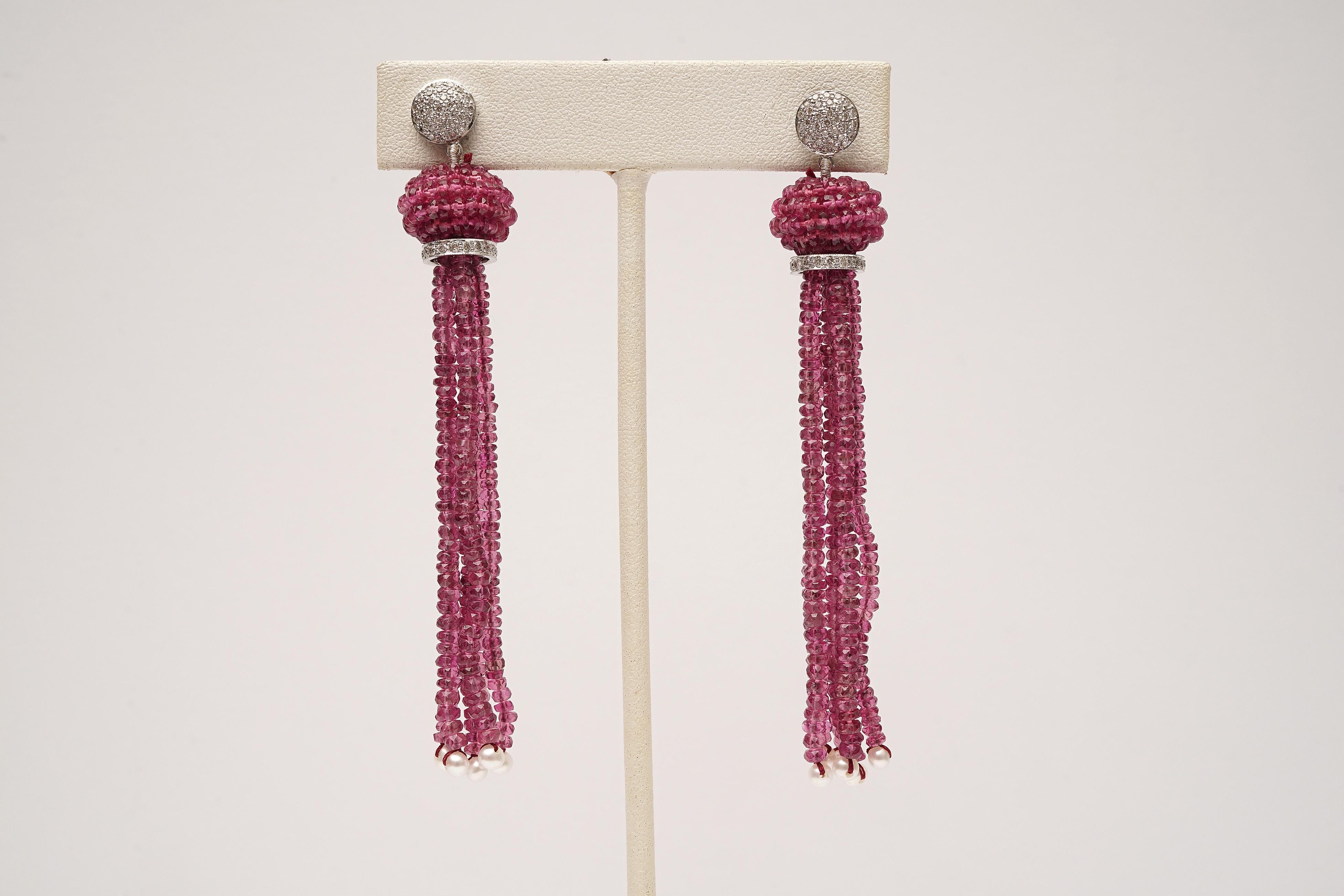 Pink Tourmaline Diamond Gold Tassel Earrings In Excellent Condition In Nantucket, MA
