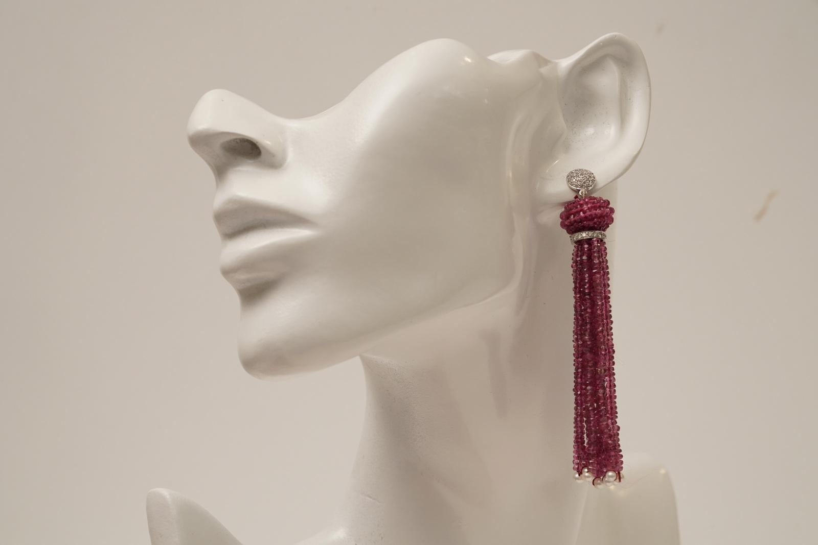 Pink Tourmaline Diamond Gold Tassel Earrings In Excellent Condition For Sale In Nantucket, MA
