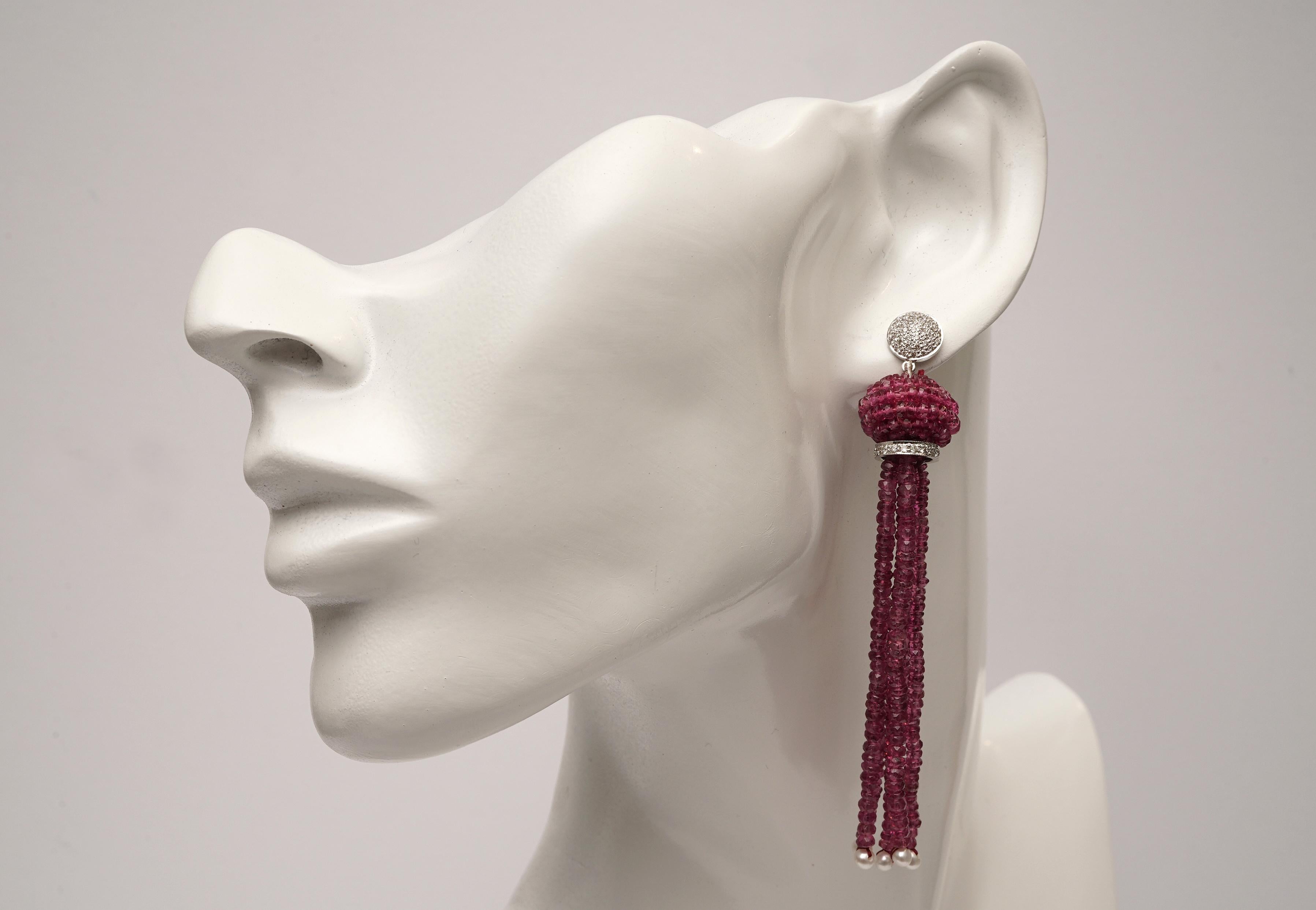 Pink Tourmaline Diamond Gold Tassel Earrings 2