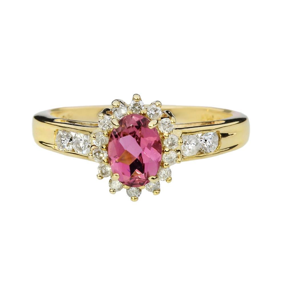 Oval Cut Pink Tourmaline & Diamond Halo 14K Ring For Sale