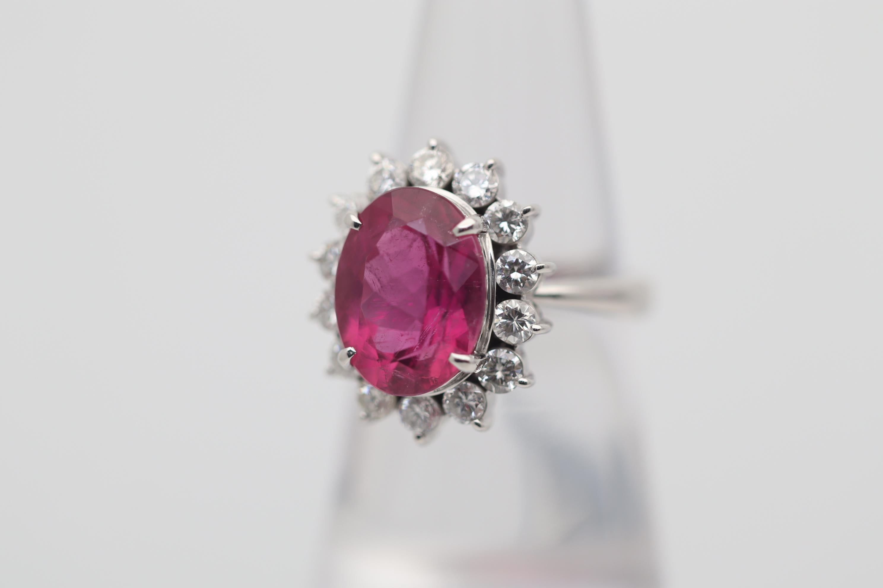 Oval Cut Pink Tourmaline Diamond Halo Platinum Ring For Sale