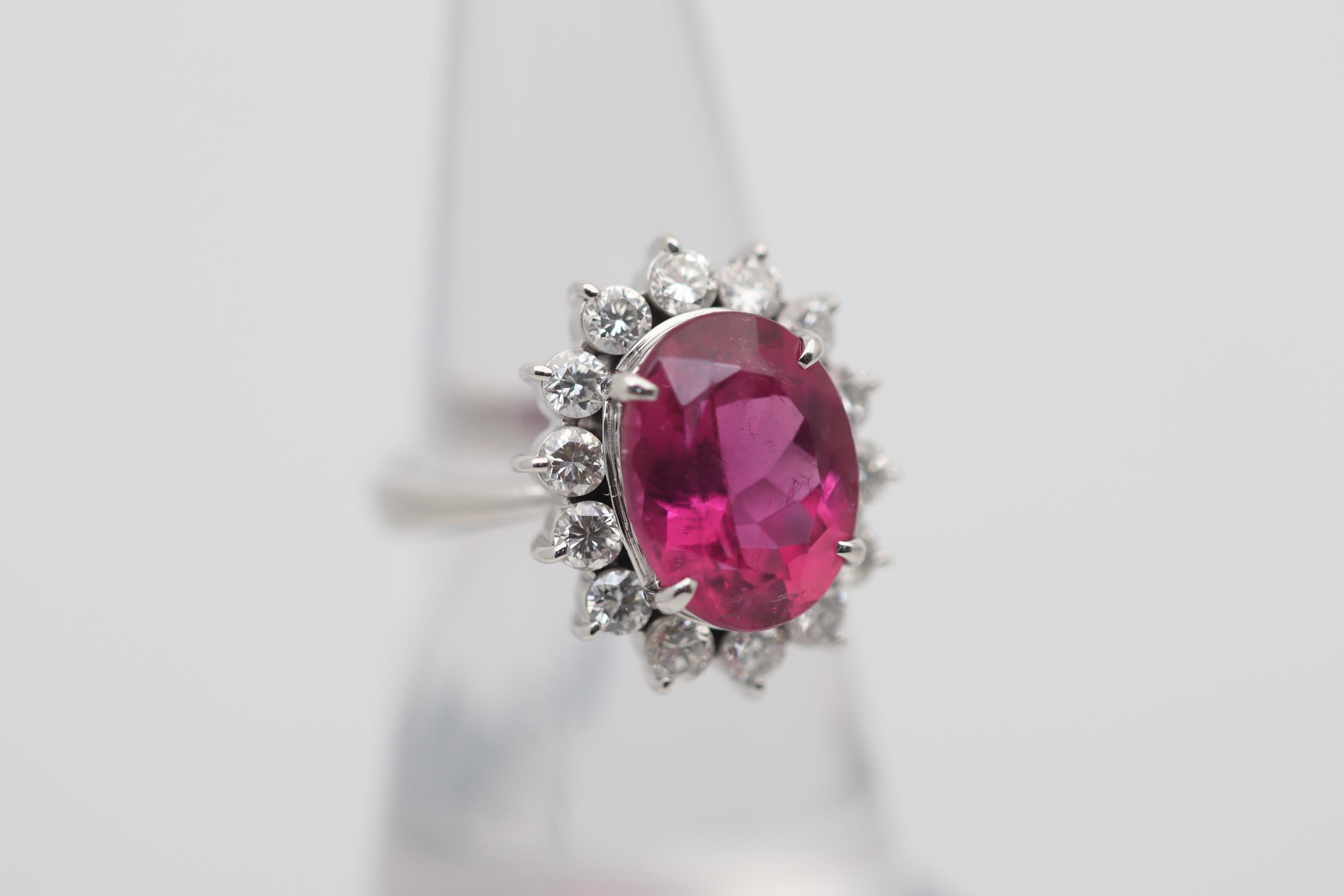 Pink Tourmaline Diamond Halo Platinum Ring In New Condition For Sale In Beverly Hills, CA