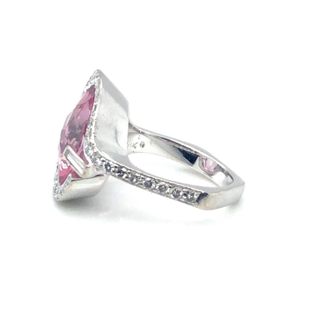 Oval Cut Pink Tourmaline Diamond Halo Ring 18K White Gold For Sale