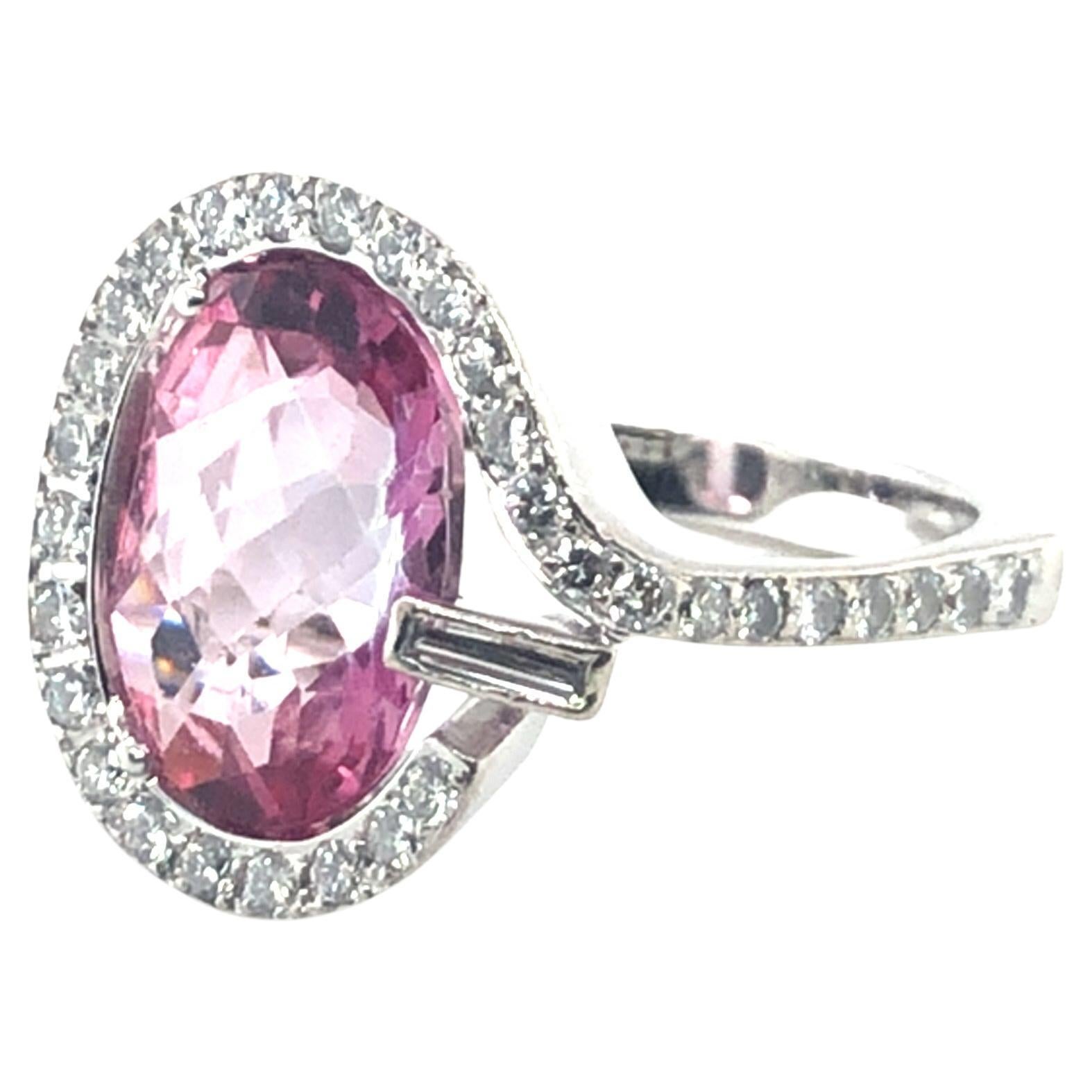 Pink Tourmaline Diamond Halo Ring 18K White Gold For Sale