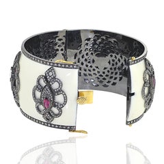 Pink Tourmaline & Diamond Motif On white Enamel Cuff Made In 18k Gold