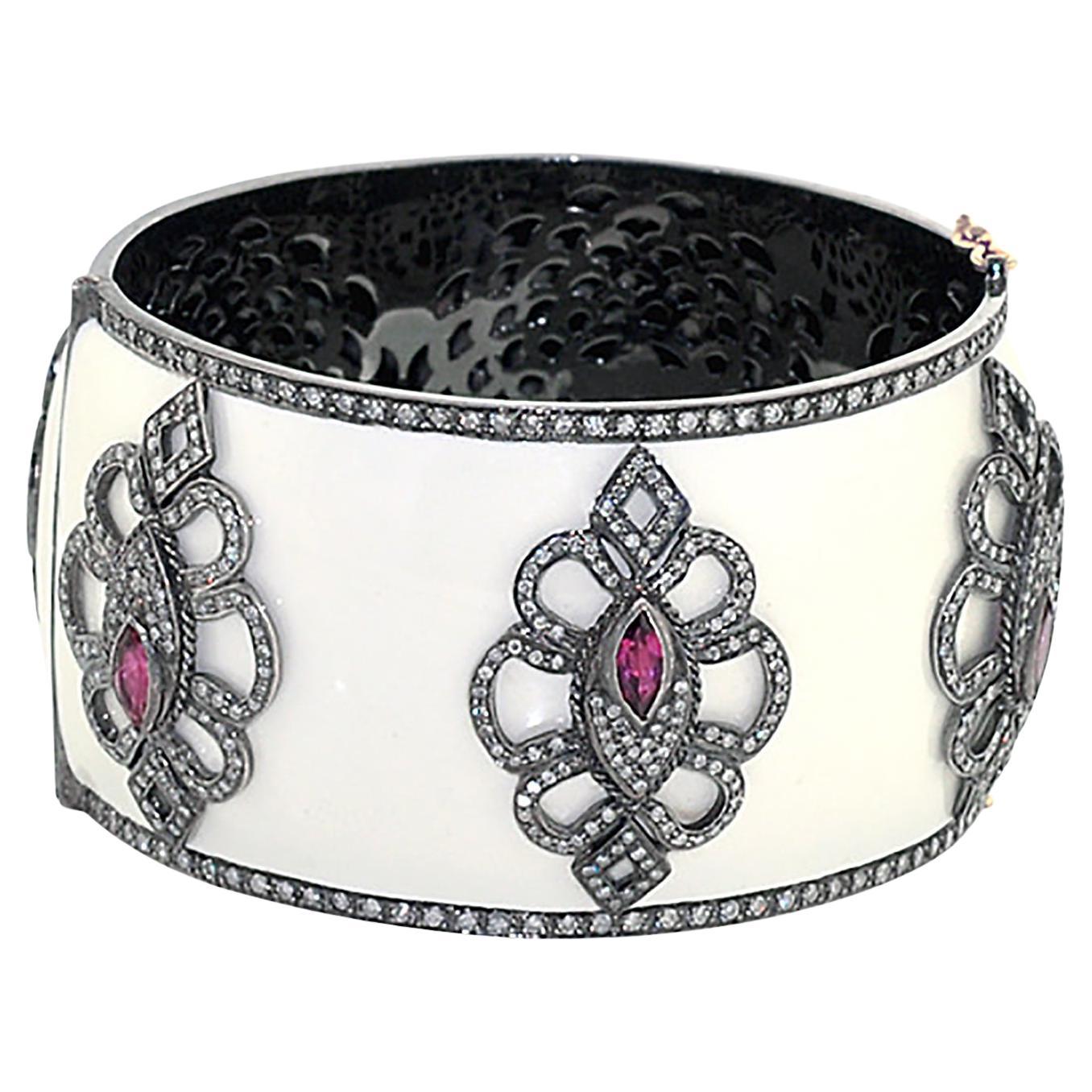 Pink Tourmaline & Diamond Motif On white Enamel Cuff Made In 18k Gold For Sale