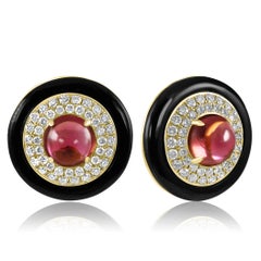 Pink Tourmaline Diamond Onyx Triple Halo 18 Karat Gold Art Deco Fashion Earrings