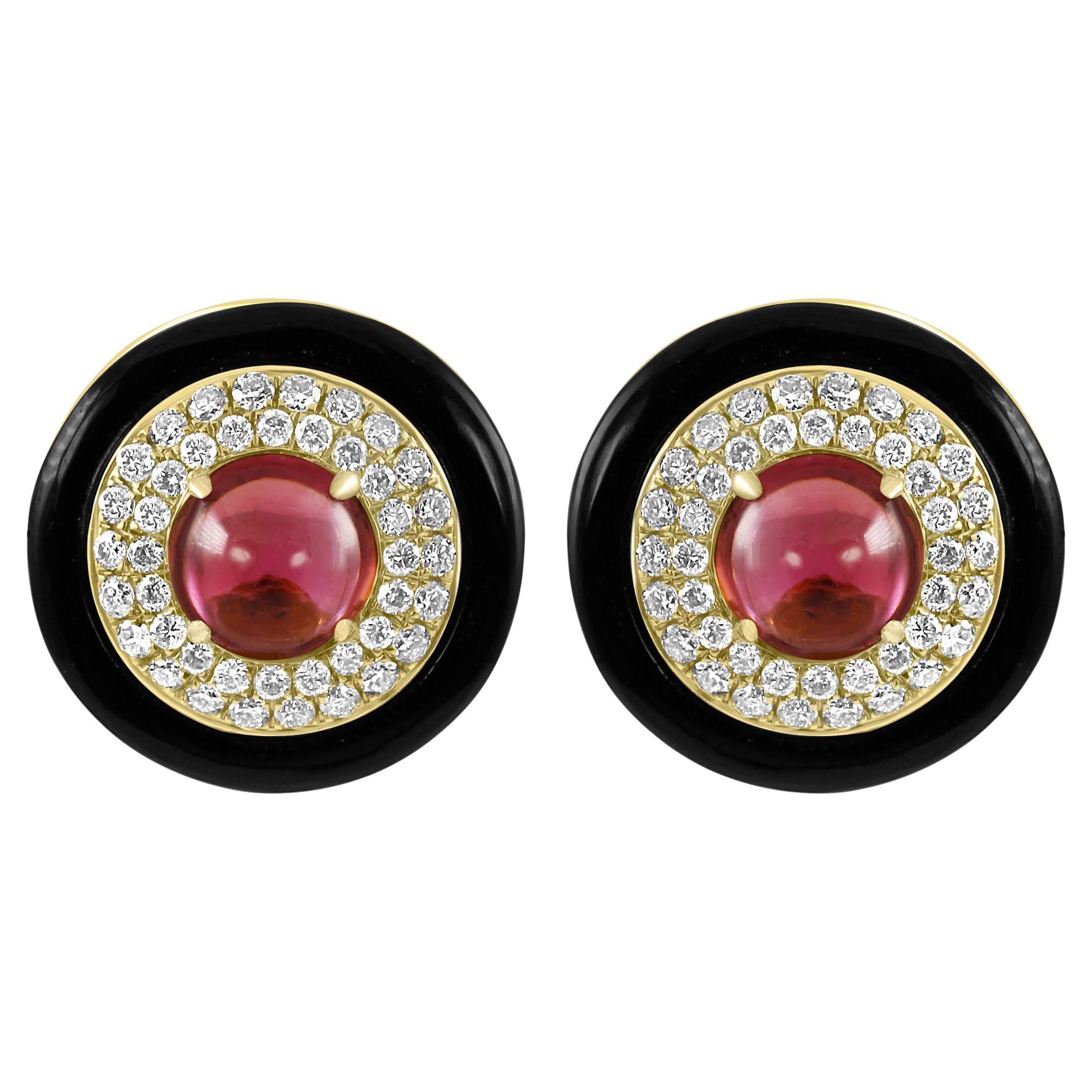 Pink Tourmaline Diamond Onyx Triple Halo Yellow Gold Art Deco Fashion Earrings For Sale