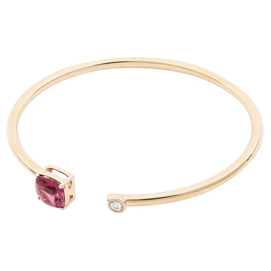 Pink Tourmaline Diamond Open-Cuff Bangle Modern Gold Bracelet For Sale