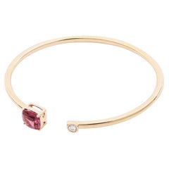 Pink Tourmaline Diamond Open-Cuff Bangle Modern Gold Bracelet