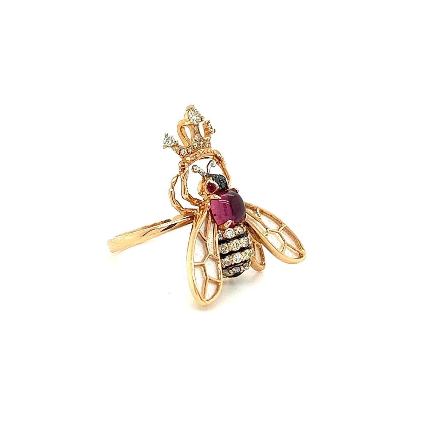Mixed Cut Pink Tourmaline & Diamond Pave Bee 18K Rose Gold Animal Ring For Sale