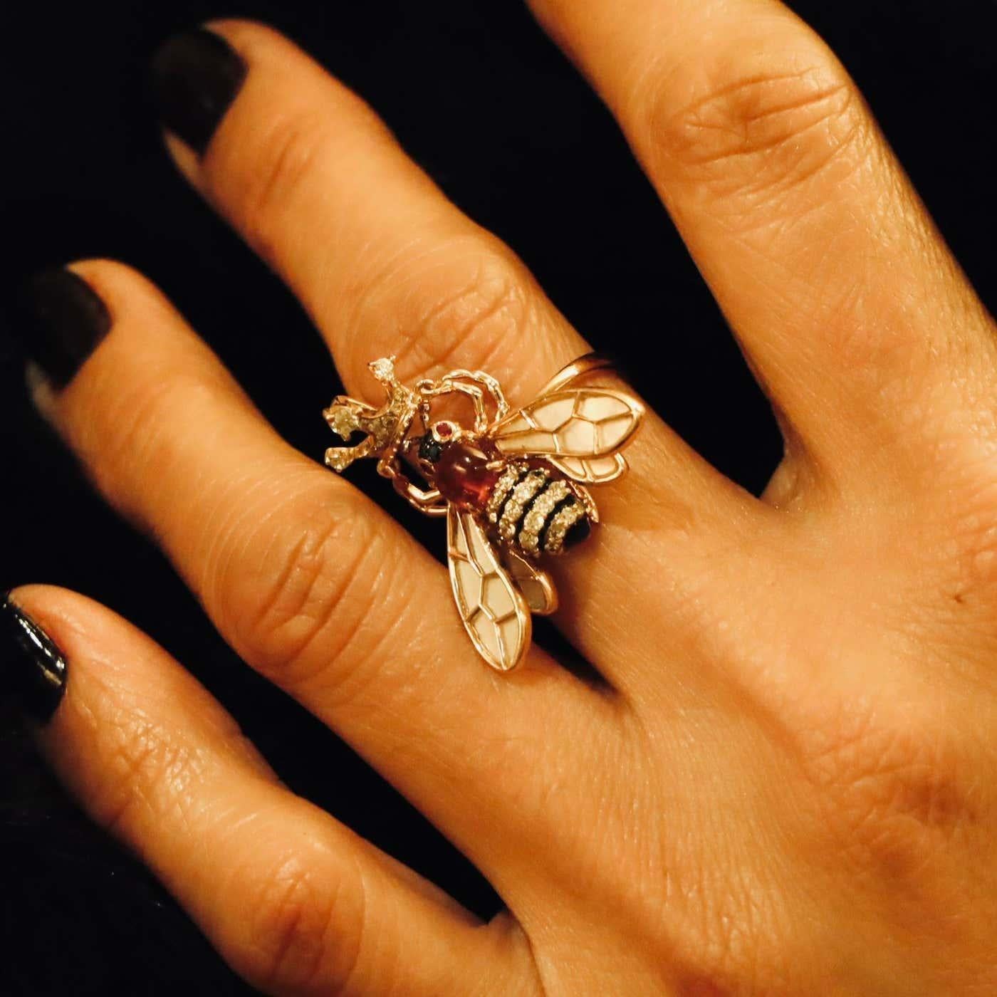 Pink Tourmaline & Diamond Pave Bee 18K Rose Gold Animal Ring For Sale 1