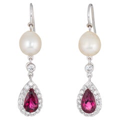 Pink Tourmaline Diamond Pearl Drop Earrings Estate 18k White Gold Dangle Jewelry