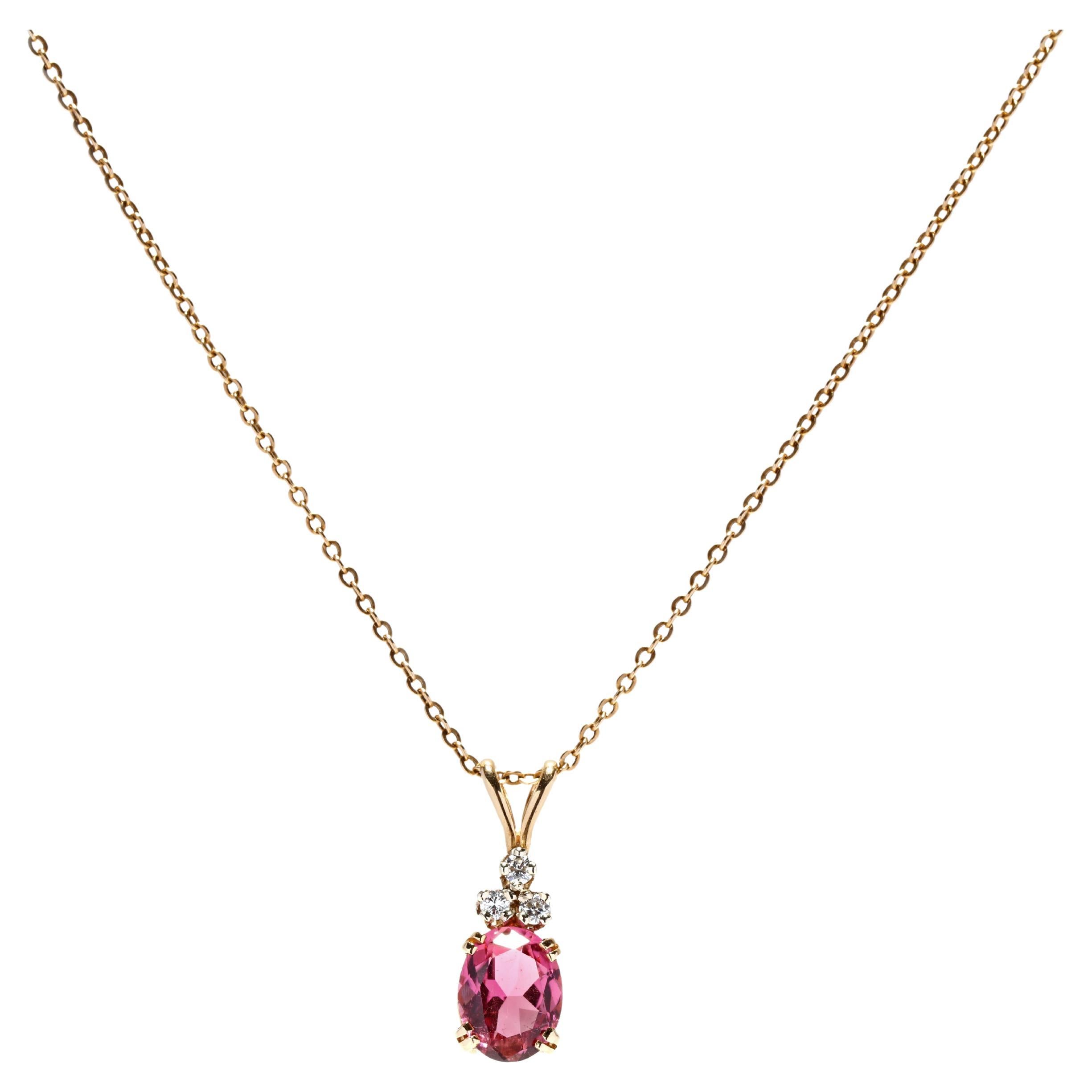 Pink Tourmaline Diamond Pendant Necklace, Pink Stone Necklace For Sale