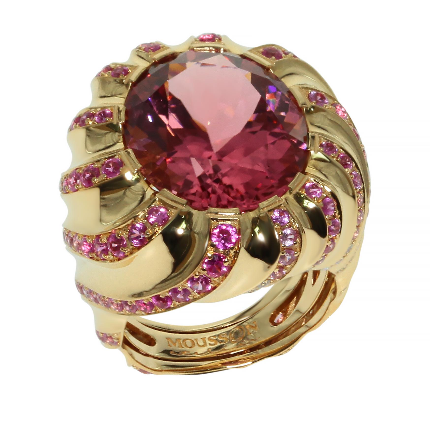 Bague en or jaune 18 carats avec tourmaline rose, diamant et saphir rose