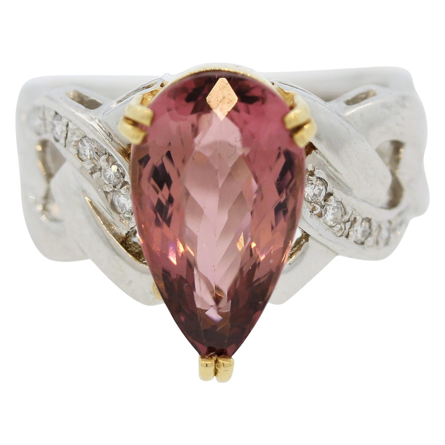 Pink Tourmaline Diamond Platinum and Gold Ring For Sale