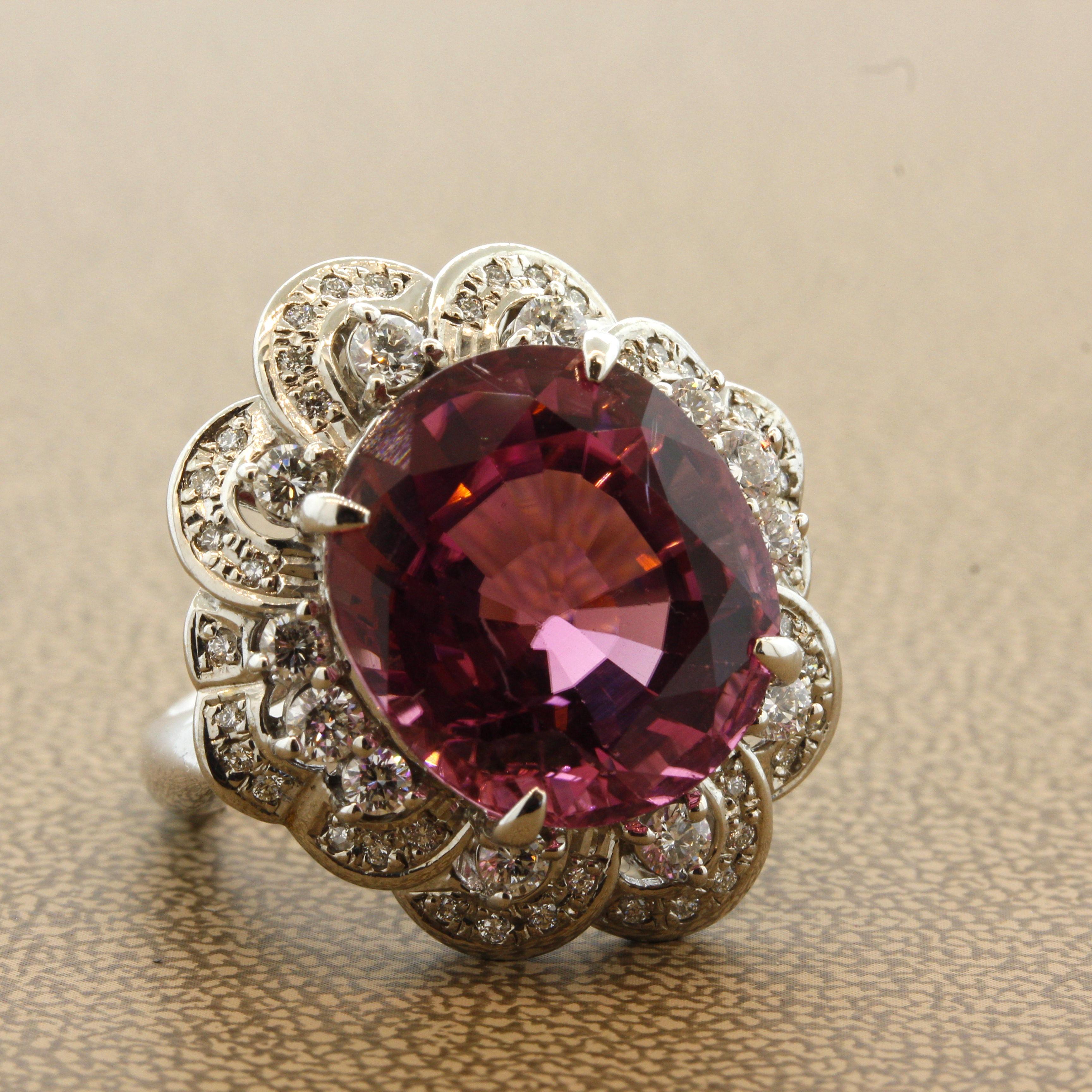 Pink Tourmaline Diamond Platinum Cocktail Ring In New Condition For Sale In Beverly Hills, CA