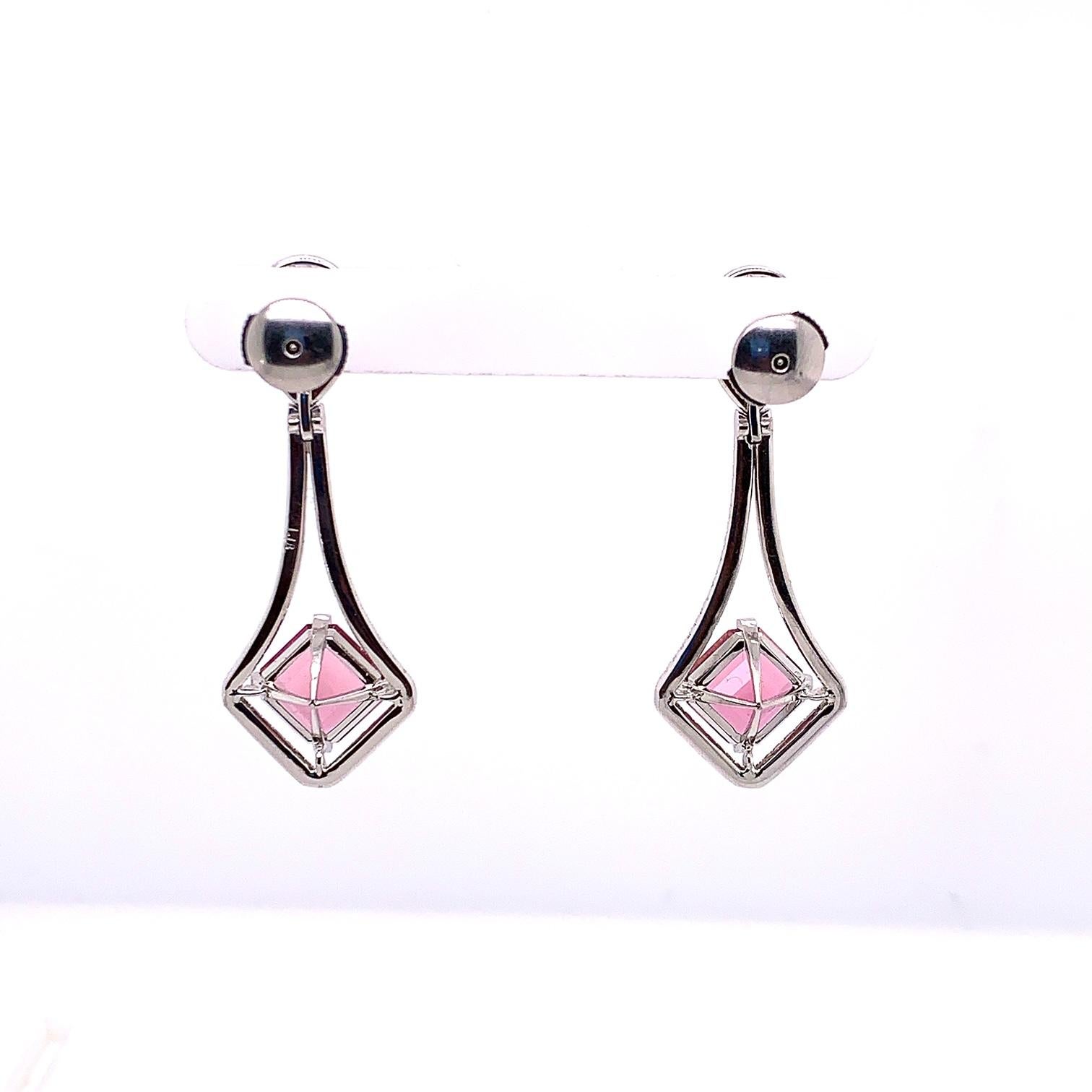Asscher Cut Pink Tourmaline and Diamond Platinum Earrings For Sale