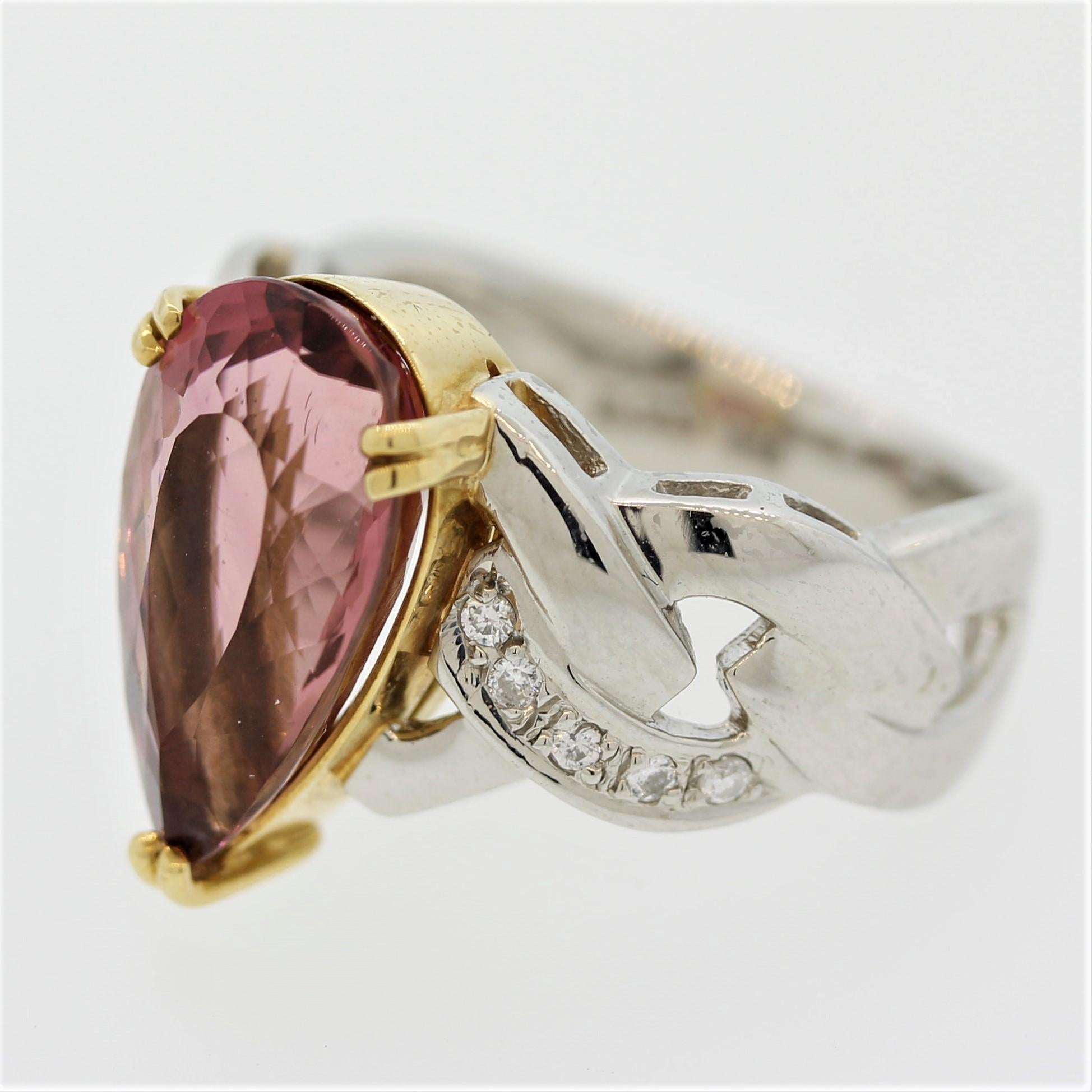 Marquise Cut Pink Tourmaline Diamond Platinum and Gold Ring For Sale