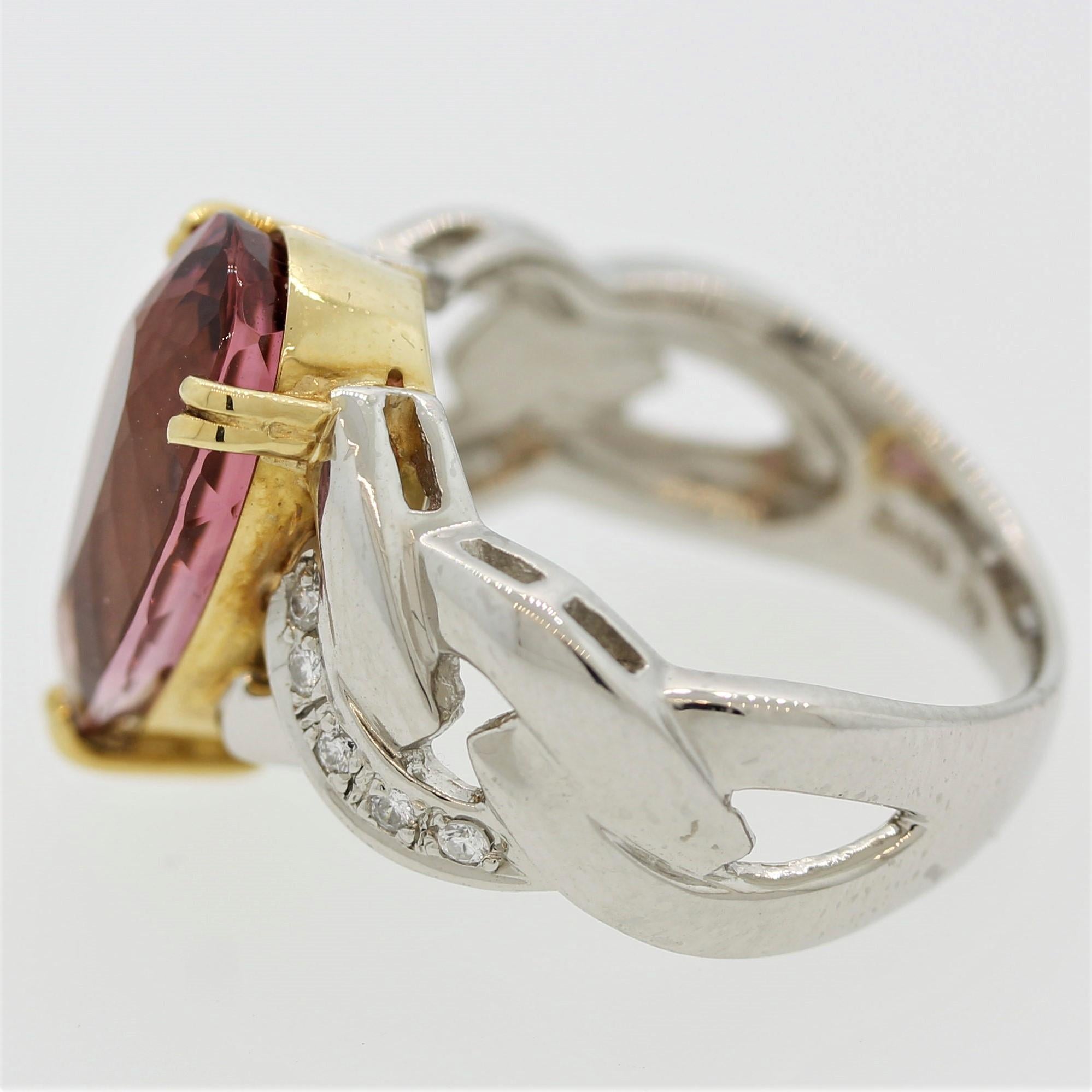 Pink Tourmaline Diamond Platinum and Gold Ring In New Condition For Sale In Beverly Hills, CA