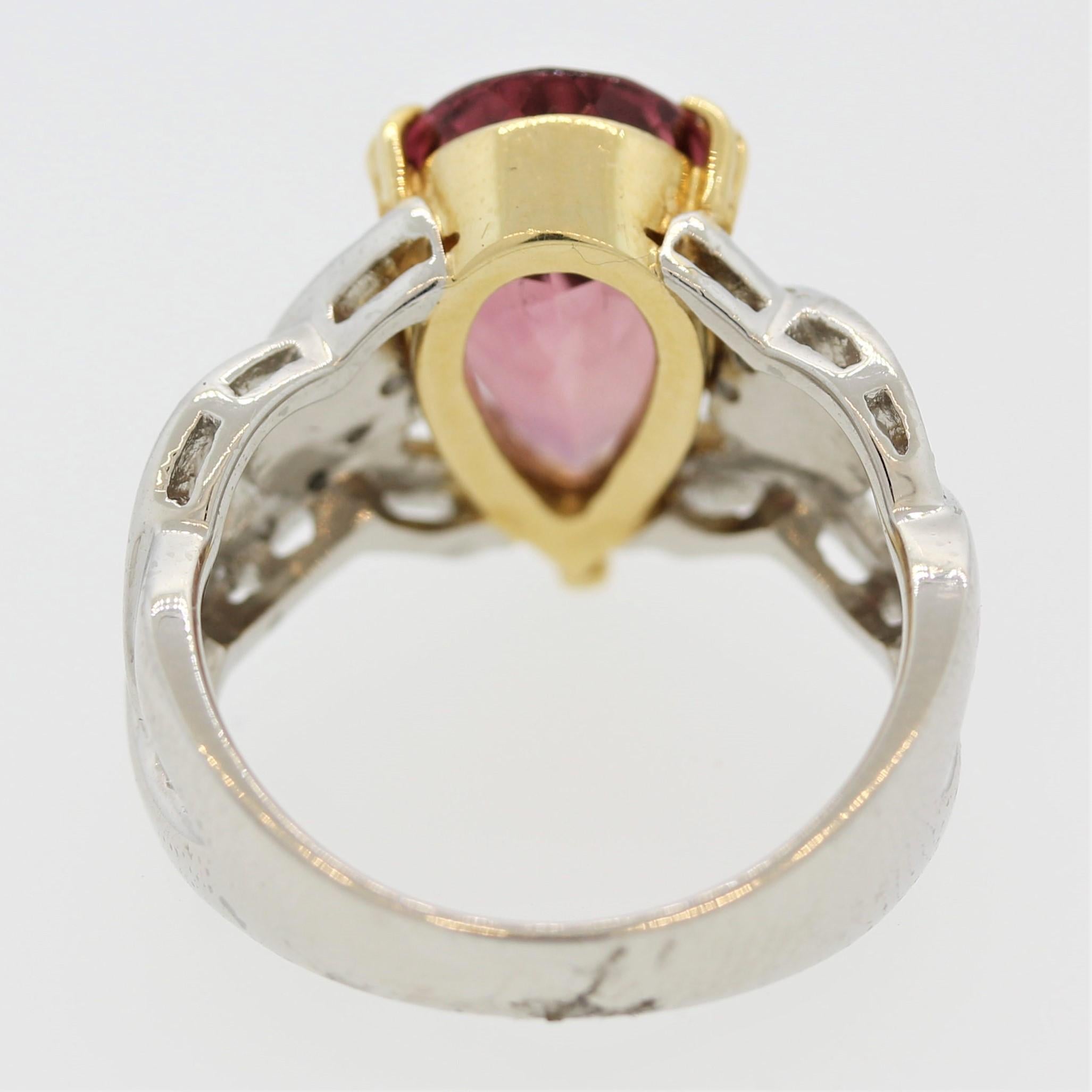 Women's Pink Tourmaline Diamond Platinum and Gold Ring For Sale