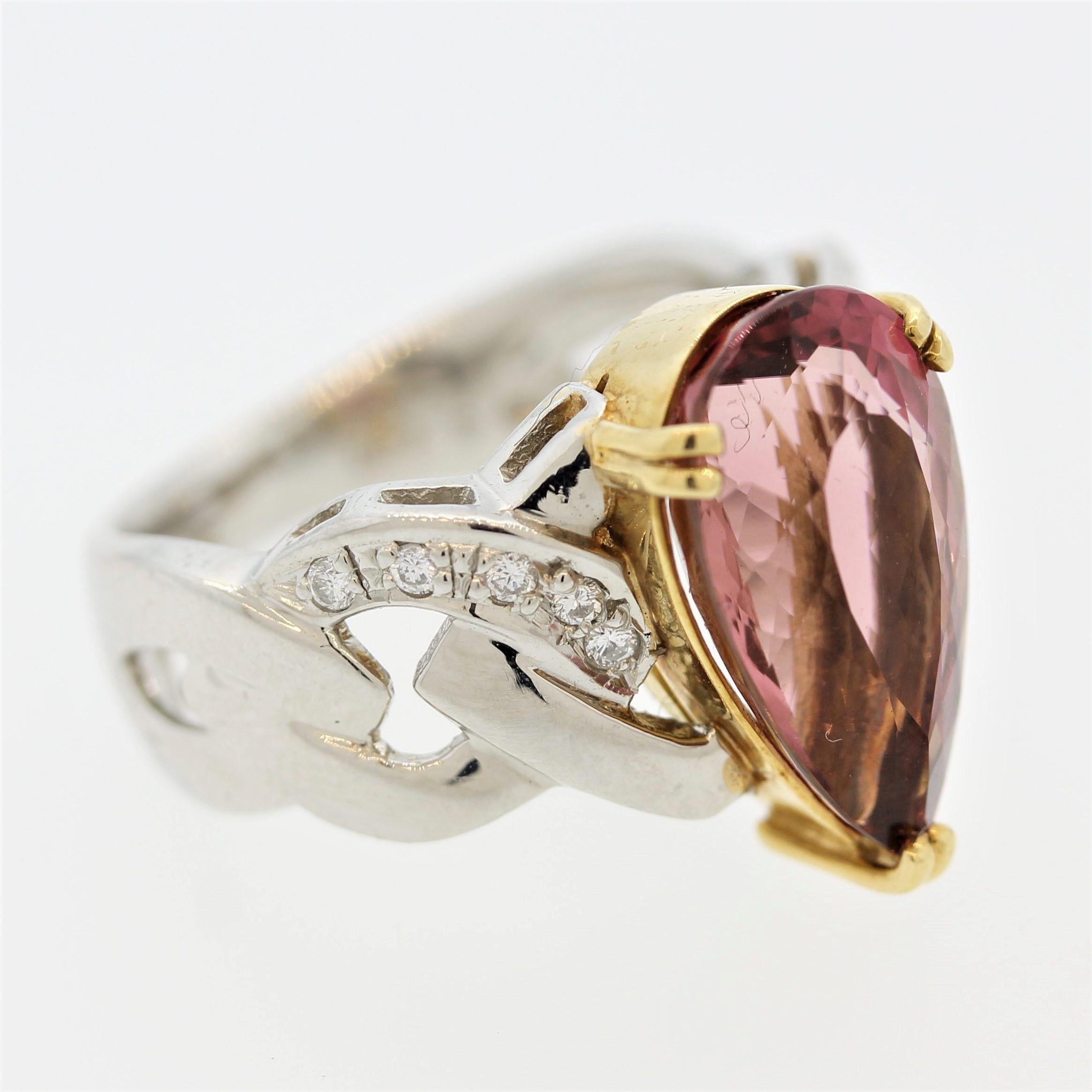 Pink Tourmaline Diamond Platinum and Gold Ring For Sale 2
