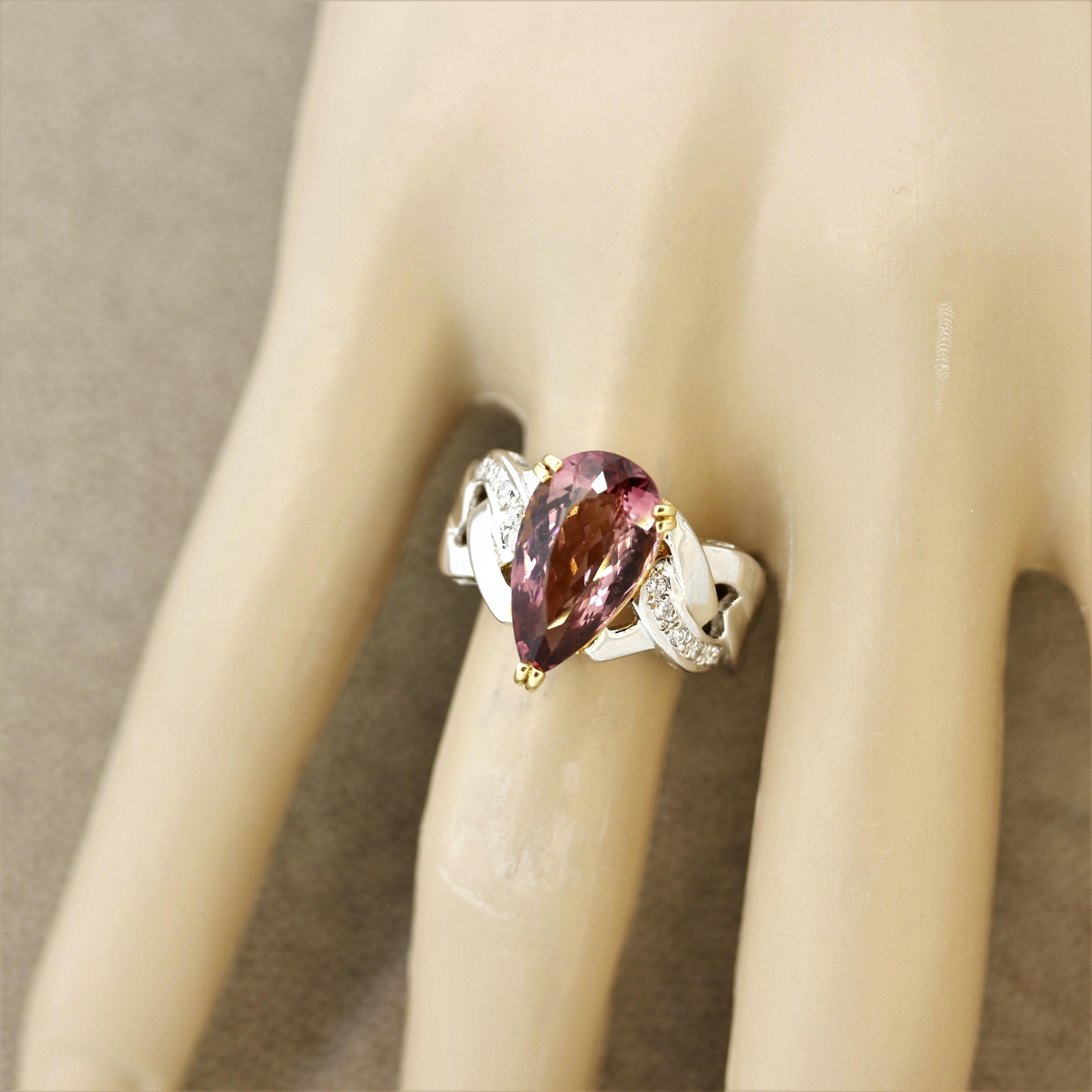 Pink Tourmaline Diamond Platinum and Gold Ring For Sale 3