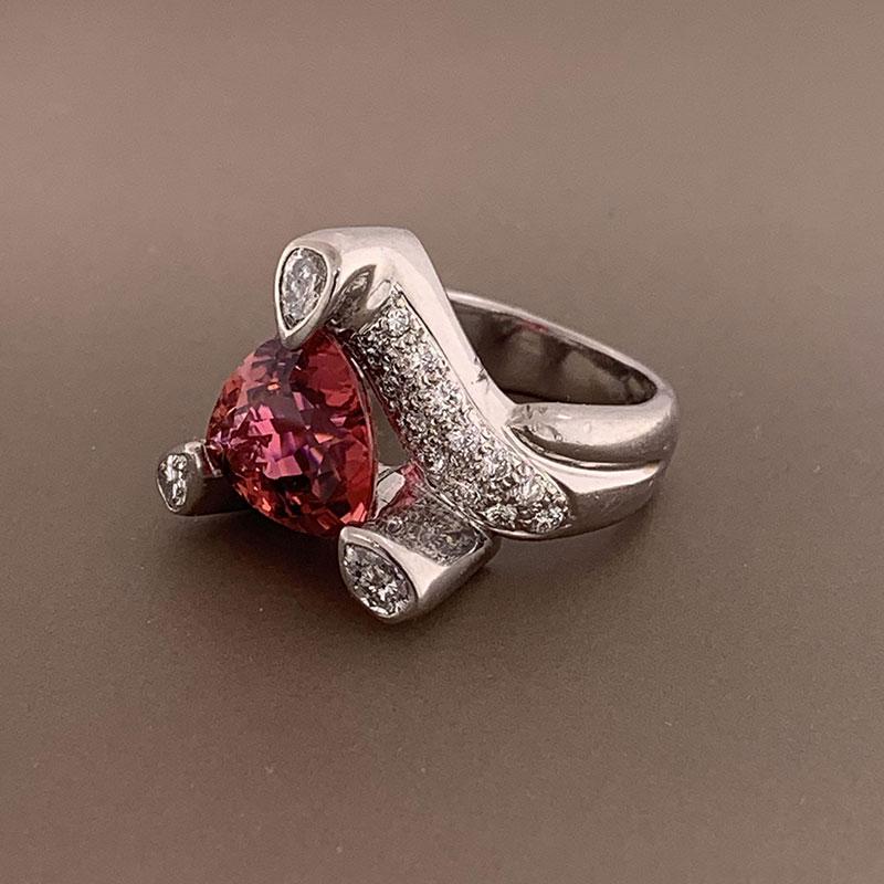 Trillion Cut Pink Tourmaline Diamond Platinum Ring For Sale