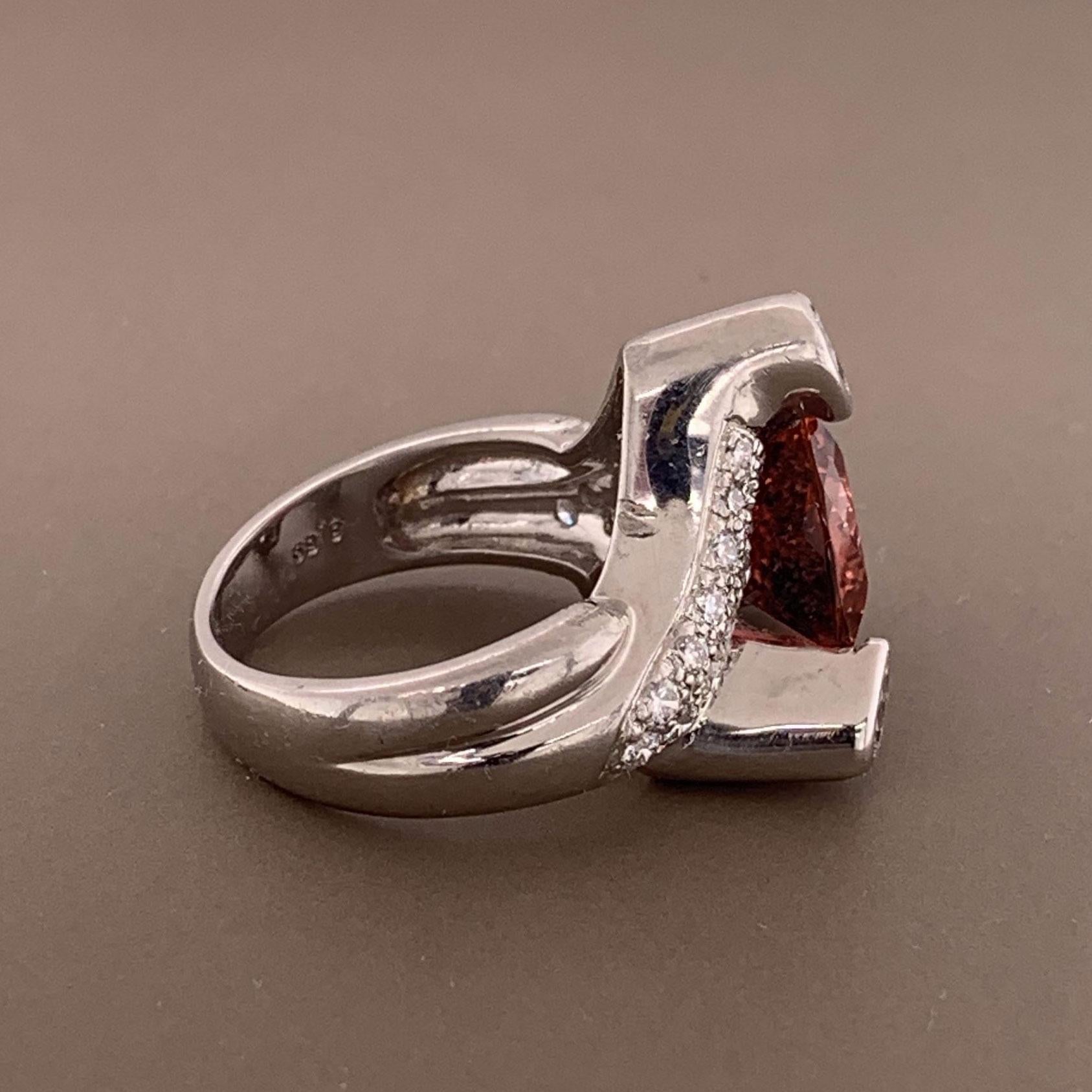 Pink Tourmaline Diamond Platinum Ring For Sale 1