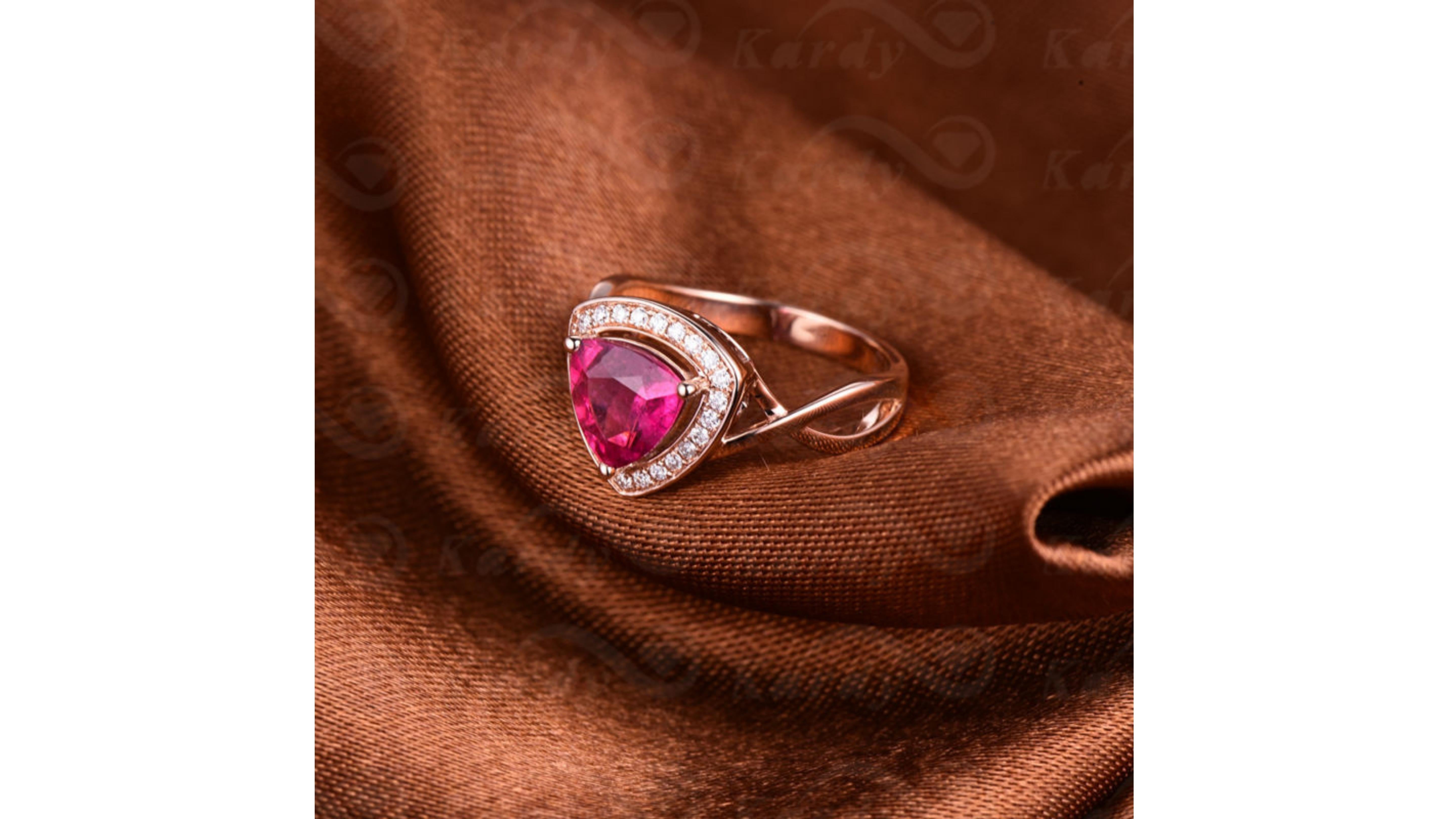 Trillion Cut Pink Tourmaline Diamond Ring 18k Rose Gold For Sale