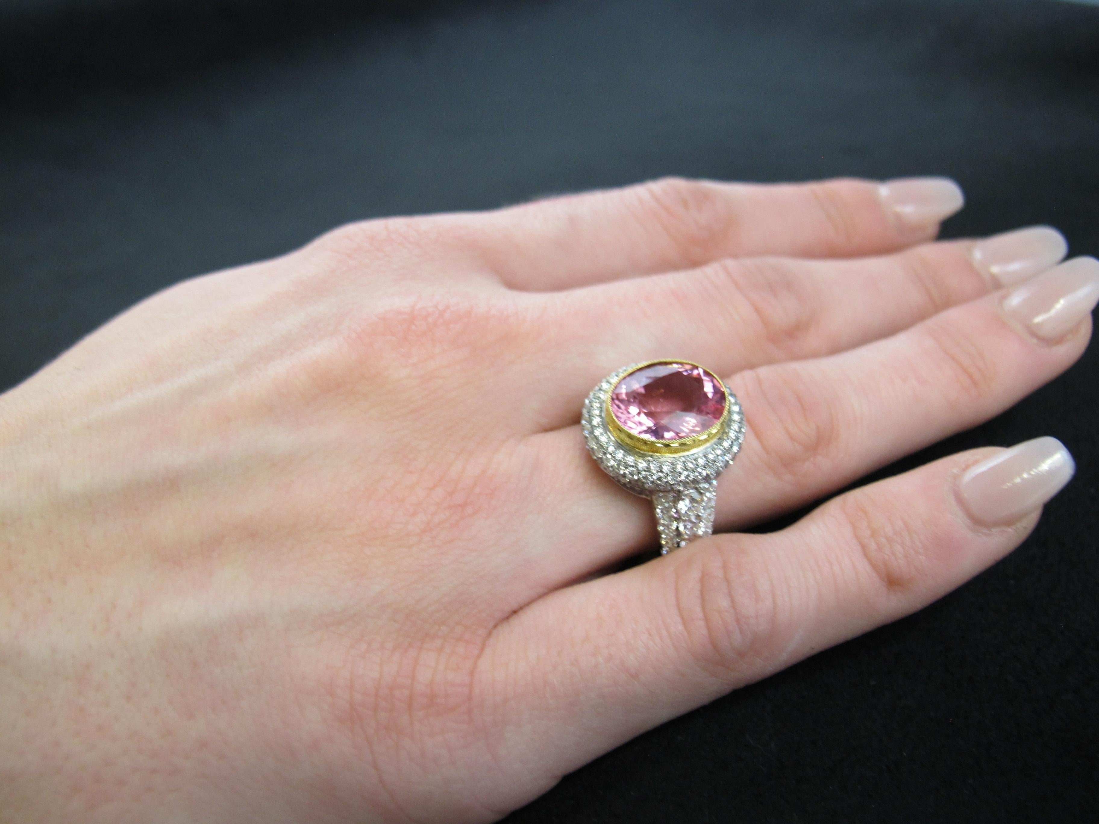 4.39 ct. Pink Tourmaline Oval, Diamond Halo 18k White Gold Bezel Band Ring 3