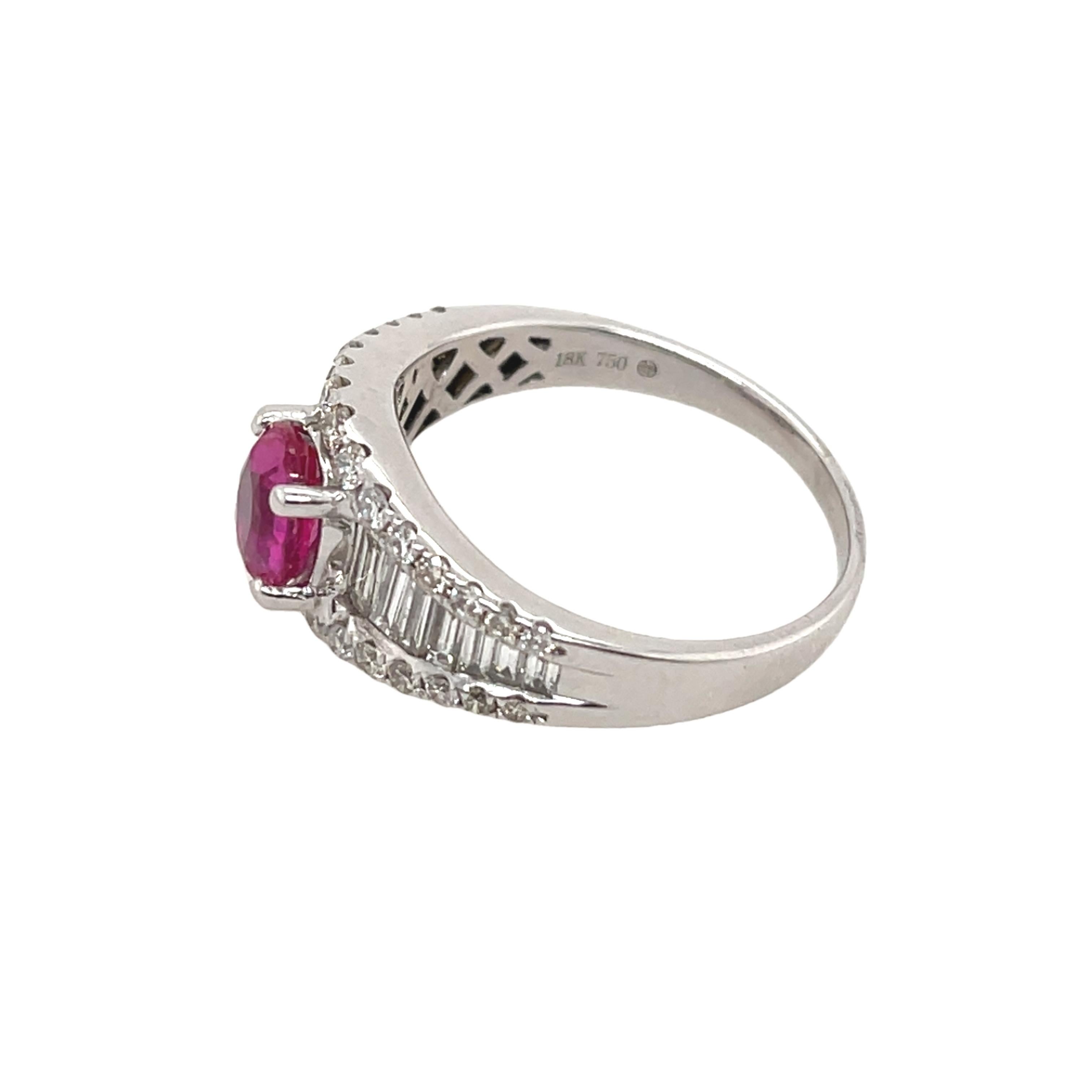 Baguette Cut Pink Tourmaline & Diamond Ring Set In 18ct White Gold For Sale