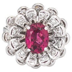 Bague fleur vintage en or blanc 14 carats avec tourmaline rose et diamants, ancienne bijouterie de succession