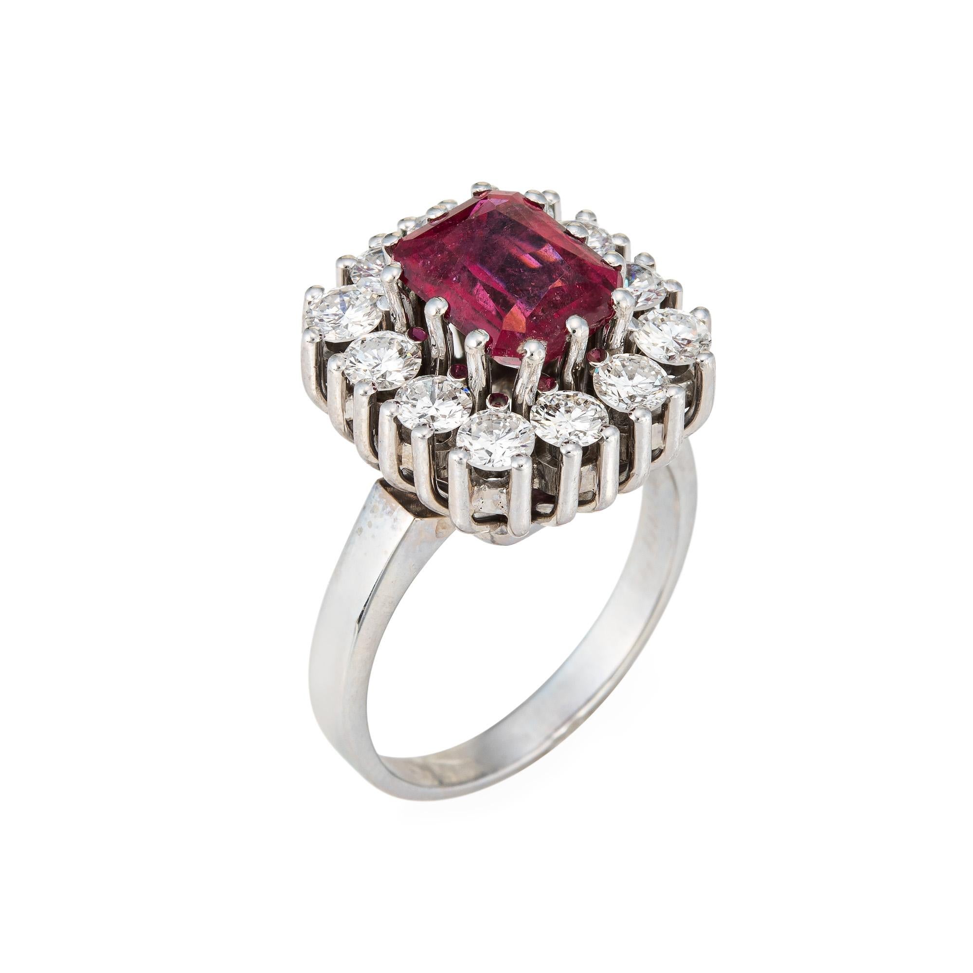 Square cut pink tourmaline measures 9mm x 7.5mm (estimated at 2.50 carats). Round brilliant cut diamonds total an estimated 1.10 carats (estimated at I-J color and VS2-SI2 clarity). The pink tourmaline is in very good condition and free of cracks or