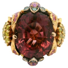 Bague de cocktail en or rose 18 carats Tourmaline rose Diamant Saphir Tsavorite