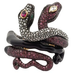 Pink Tourmaline Diamond Silver-18k Gold-Wooden Snake Bracelet