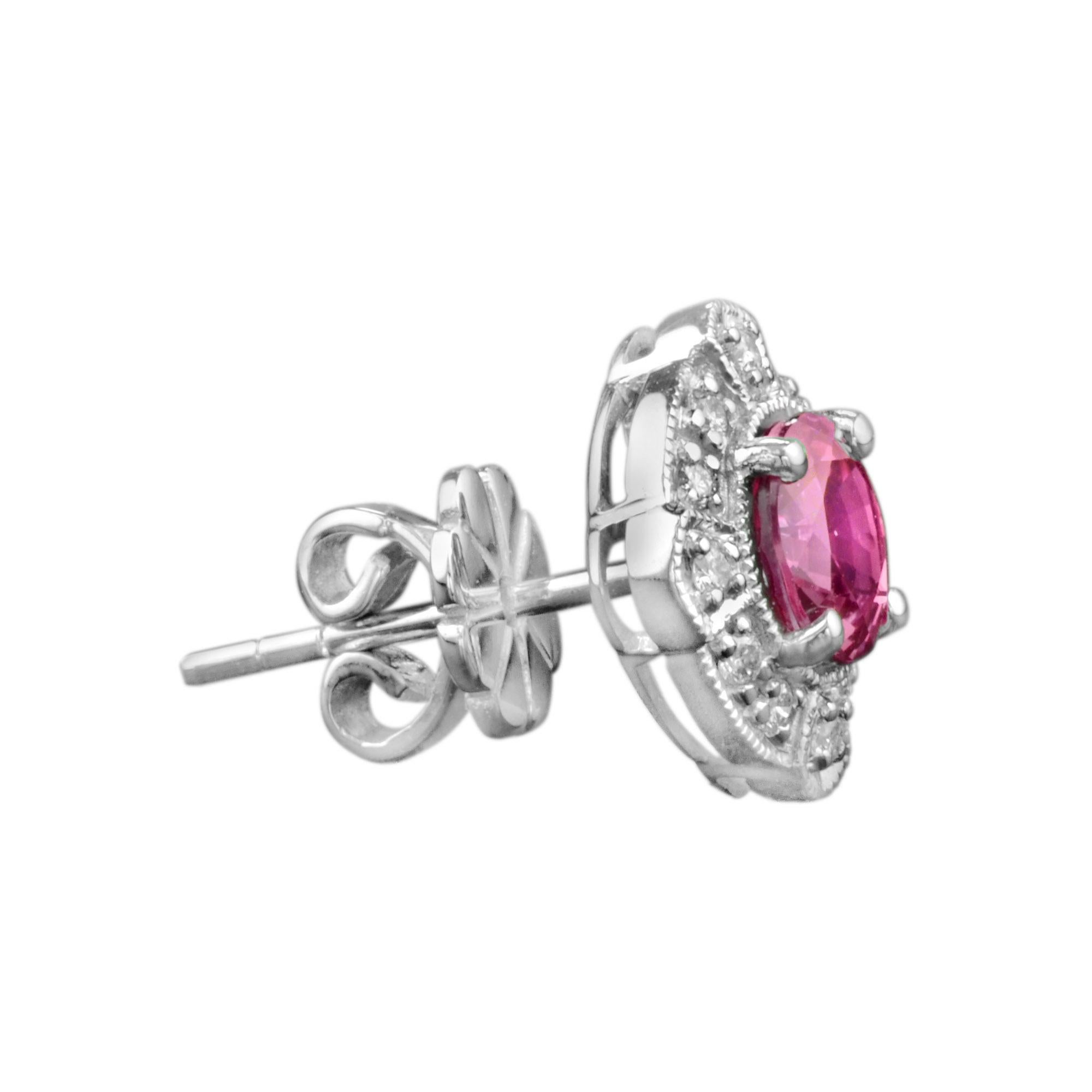 Art Deco Pink Tourmaline Diamond Vintage Style Stud Earrings in 14K White Gold For Sale