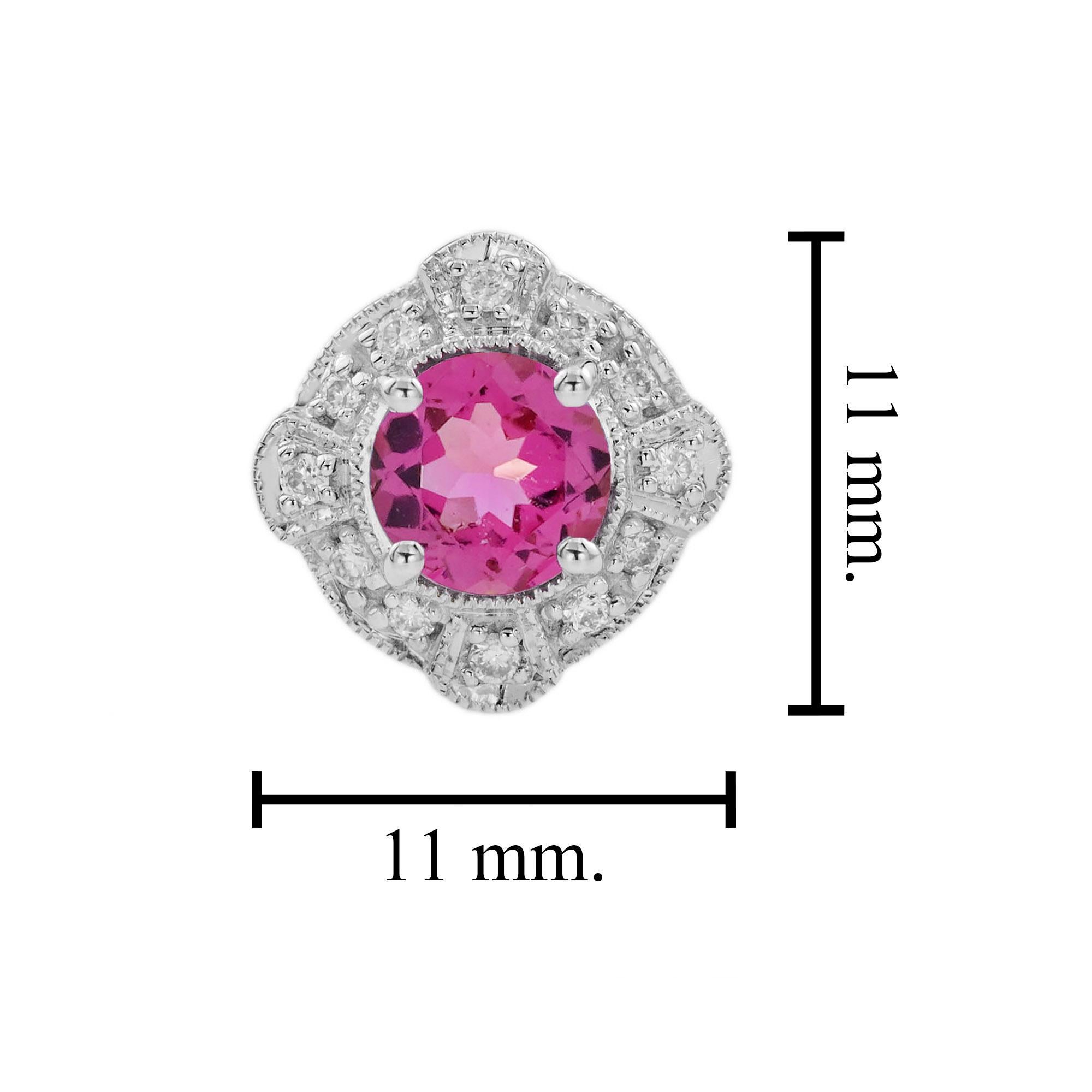 Pink Tourmaline Diamond Vintage Style Stud Earrings in 14K White Gold In New Condition For Sale In Bangkok, TH