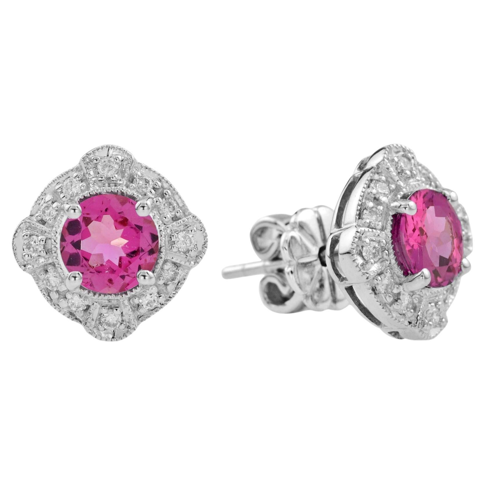 Pink Tourmaline Diamond Vintage Style Stud Earrings in 14K White Gold