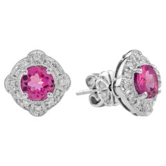 Pink Tourmaline Diamond Vintage Style Stud Earrings in 14K White Gold