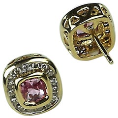 Pink Tourmaline, Diamond, Yellow Gold Stud Earrings