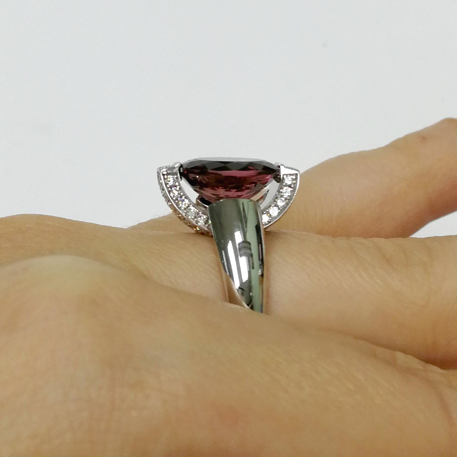 Pink Tourmaline Diamonds 18 Karat White Gold Moon Ring For Sale 1