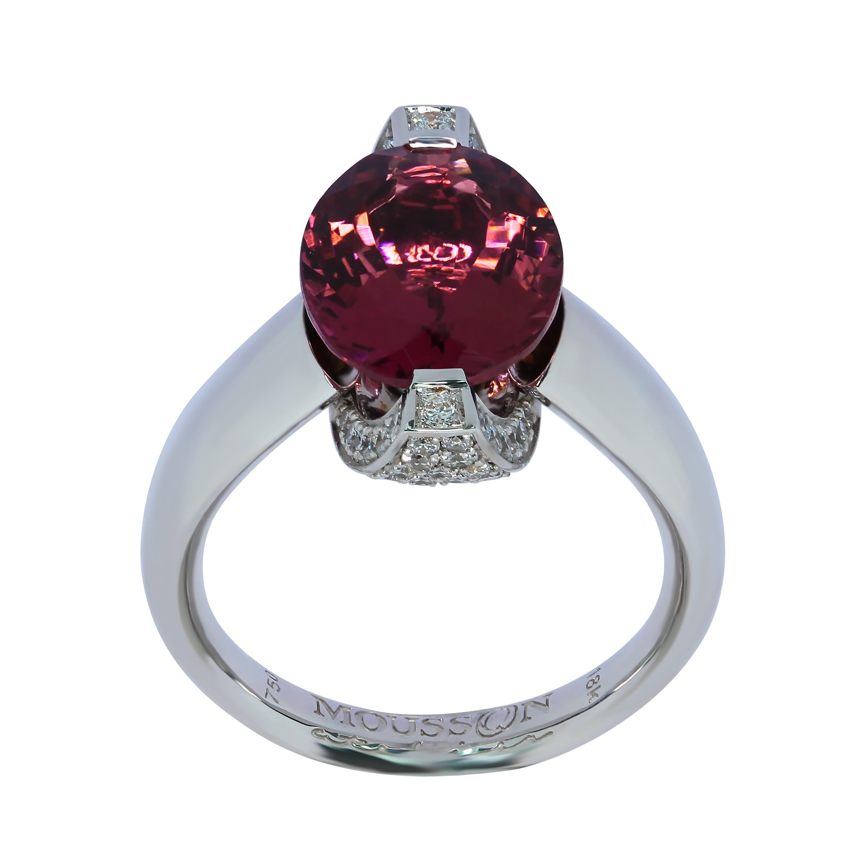 Pink Tourmaline Diamonds 18 Karat White Gold Moon Ring
When you look at this Ring, there are some absolutely cosmic associations. And there is a reason for this. The central 4.45 Carat Hot Pink Tourmaline 