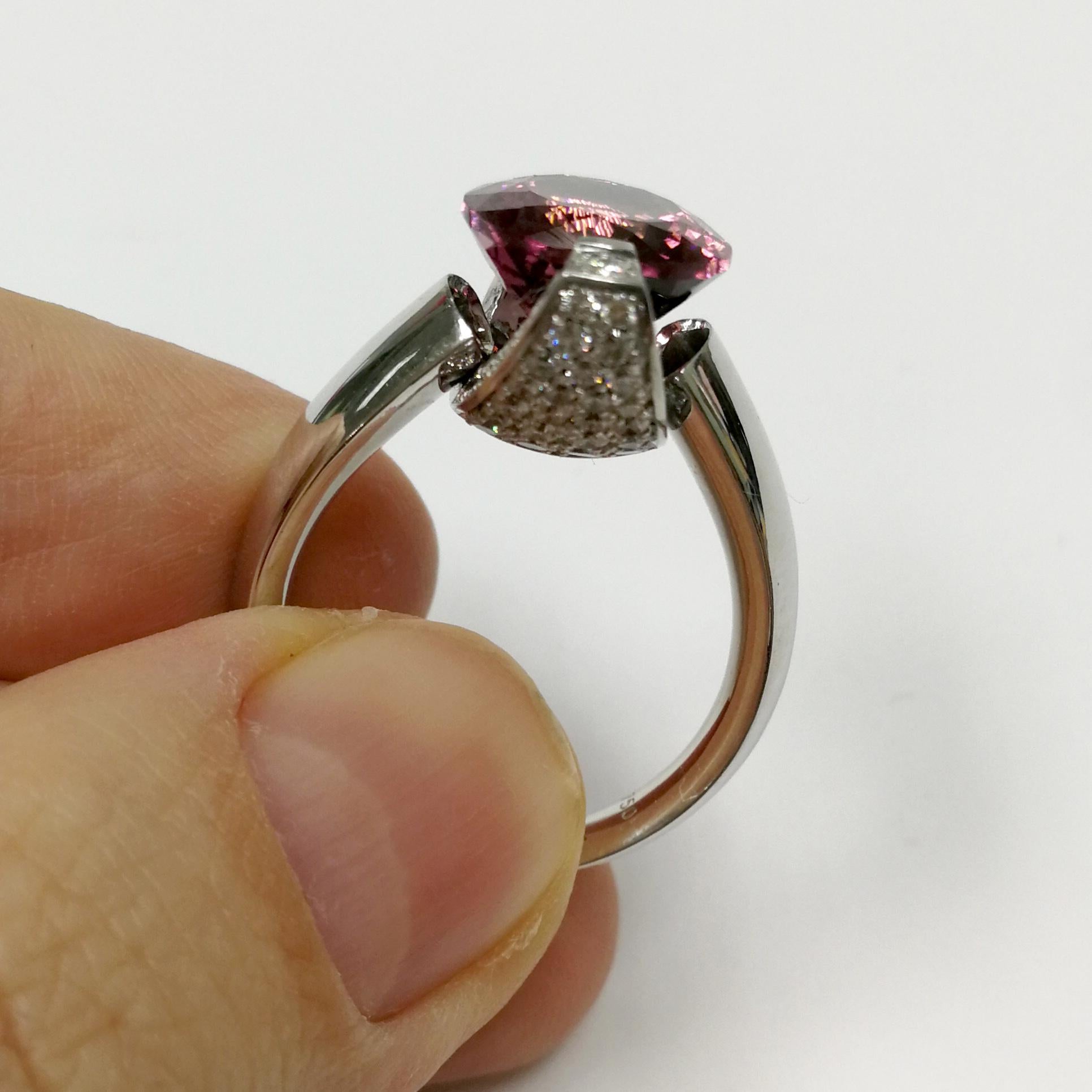 Contemporary Pink Tourmaline Diamonds 18 Karat White Gold Moon Ring For Sale