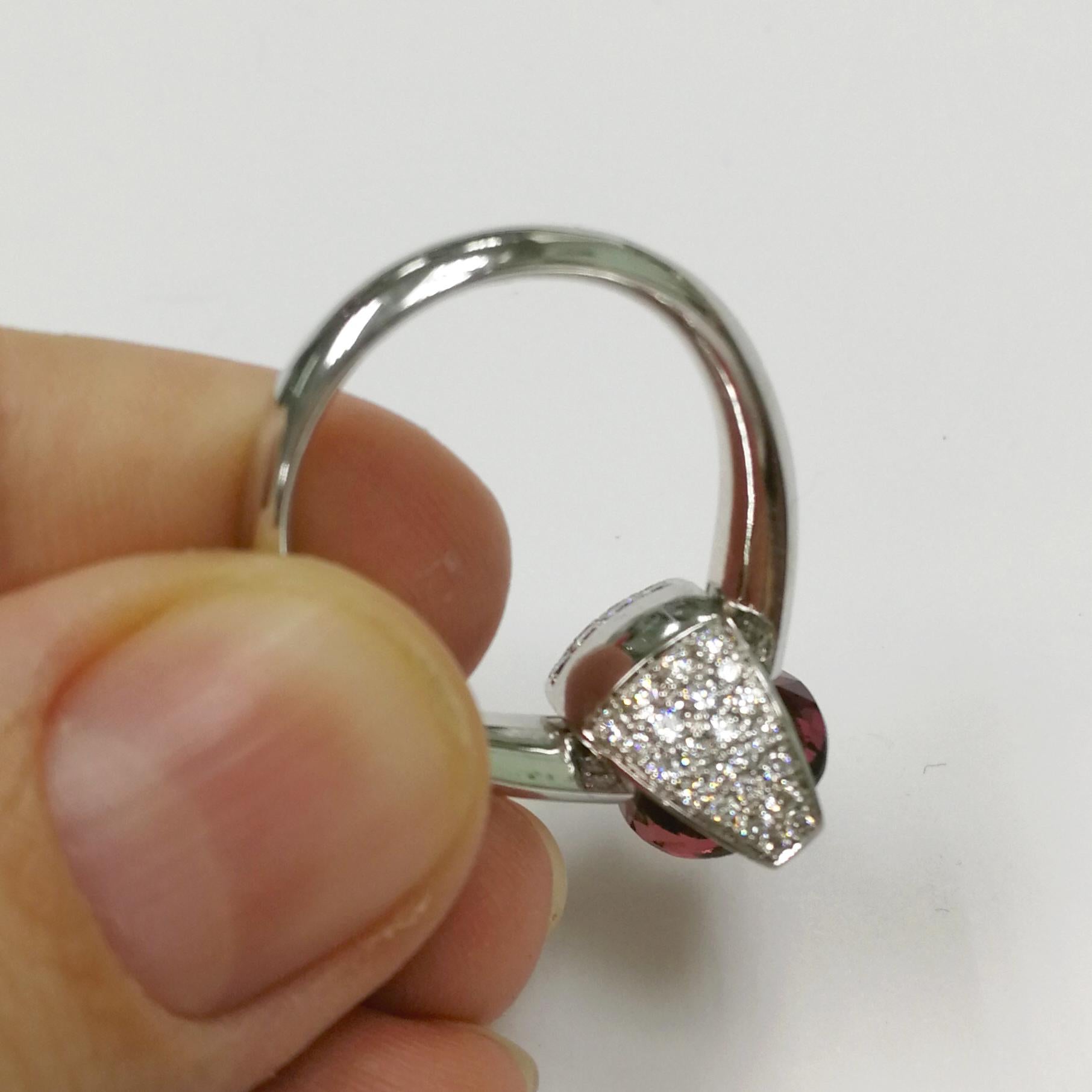 Oval Cut Pink Tourmaline Diamonds 18 Karat White Gold Moon Ring For Sale
