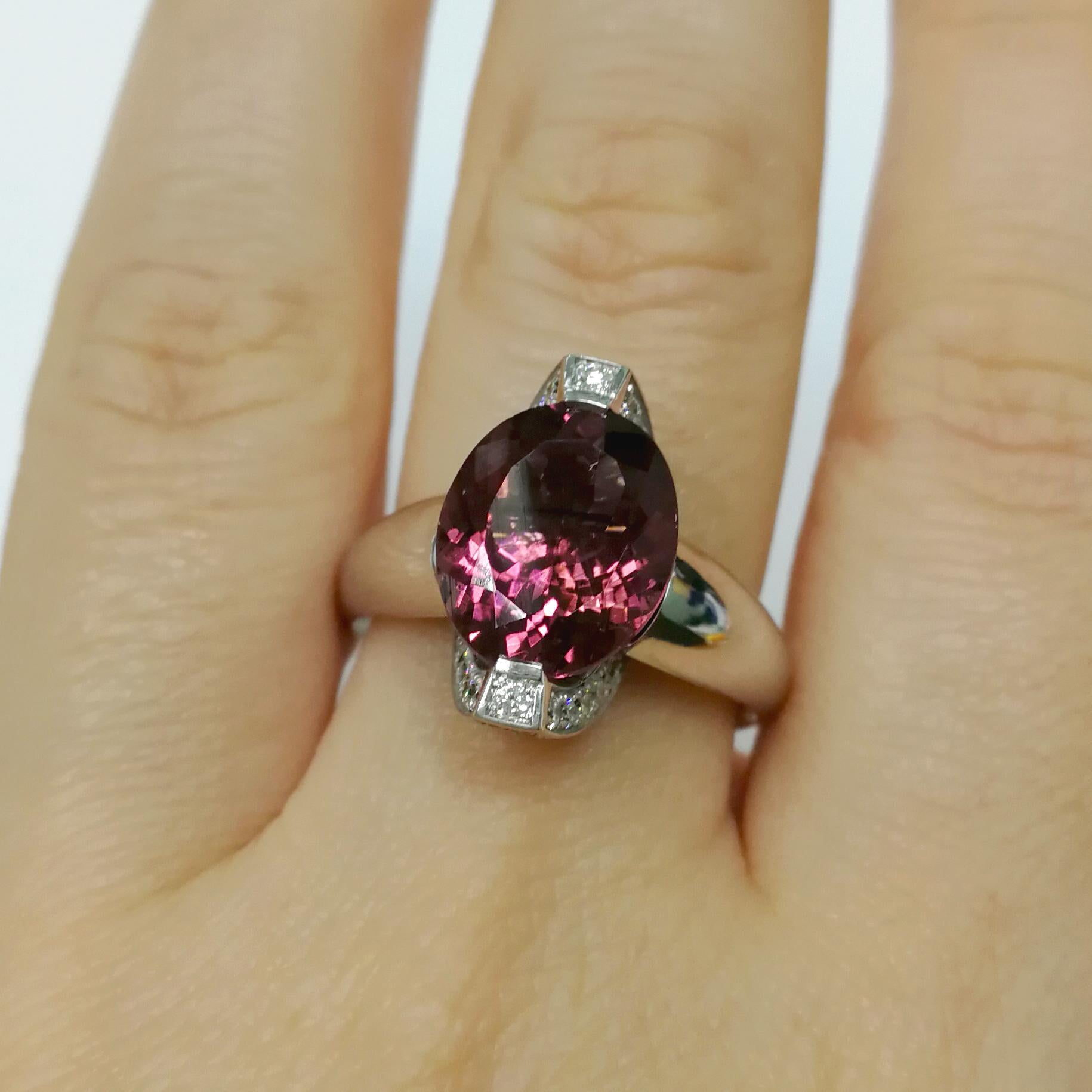 Pink Tourmaline Diamonds 18 Karat White Gold Moon Ring In New Condition In Bangkok, TH
